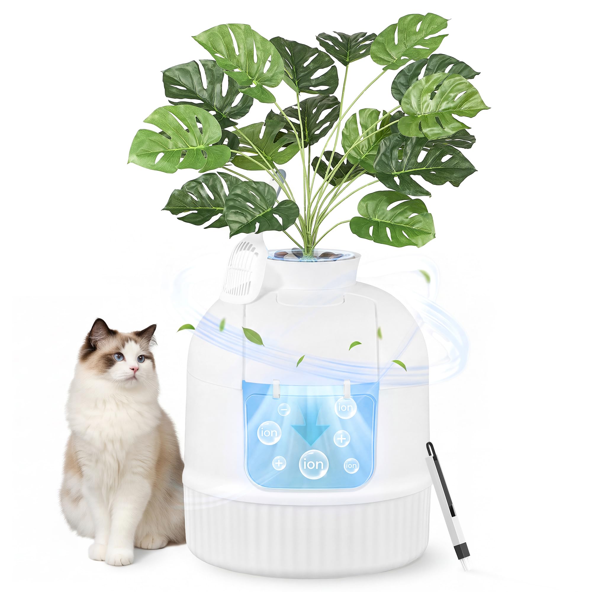 Feandrea Plant Cat Litter Box Enclosure with Artificial Plant, Enclosed Hidden Litter Box Furniture with Door, Carbon Filter, Od