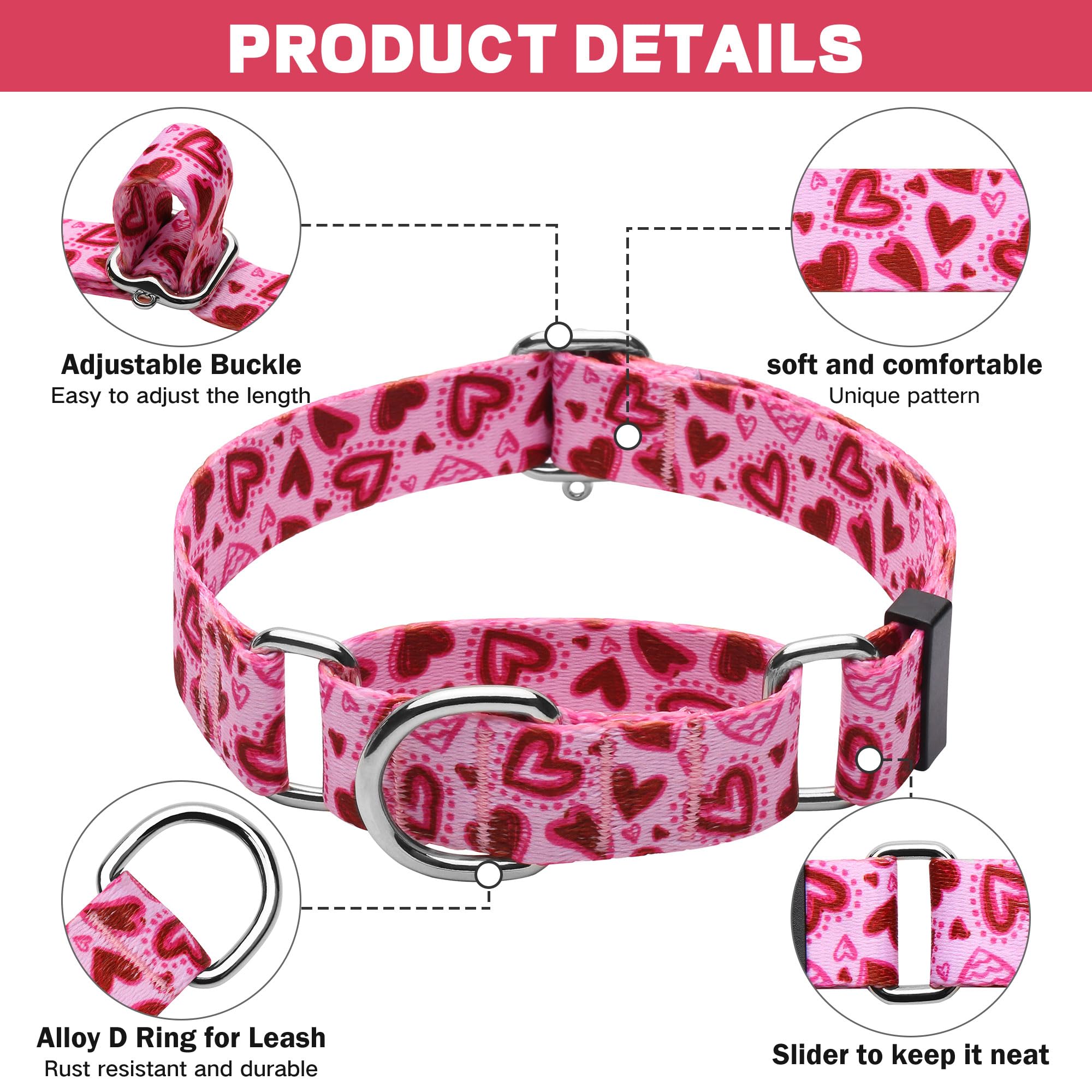 Hikiko Pink Heart Martingale Dog Collar With No Buckle Pretty Cute Valentines Dog Collar For Small Dogs,Love,S