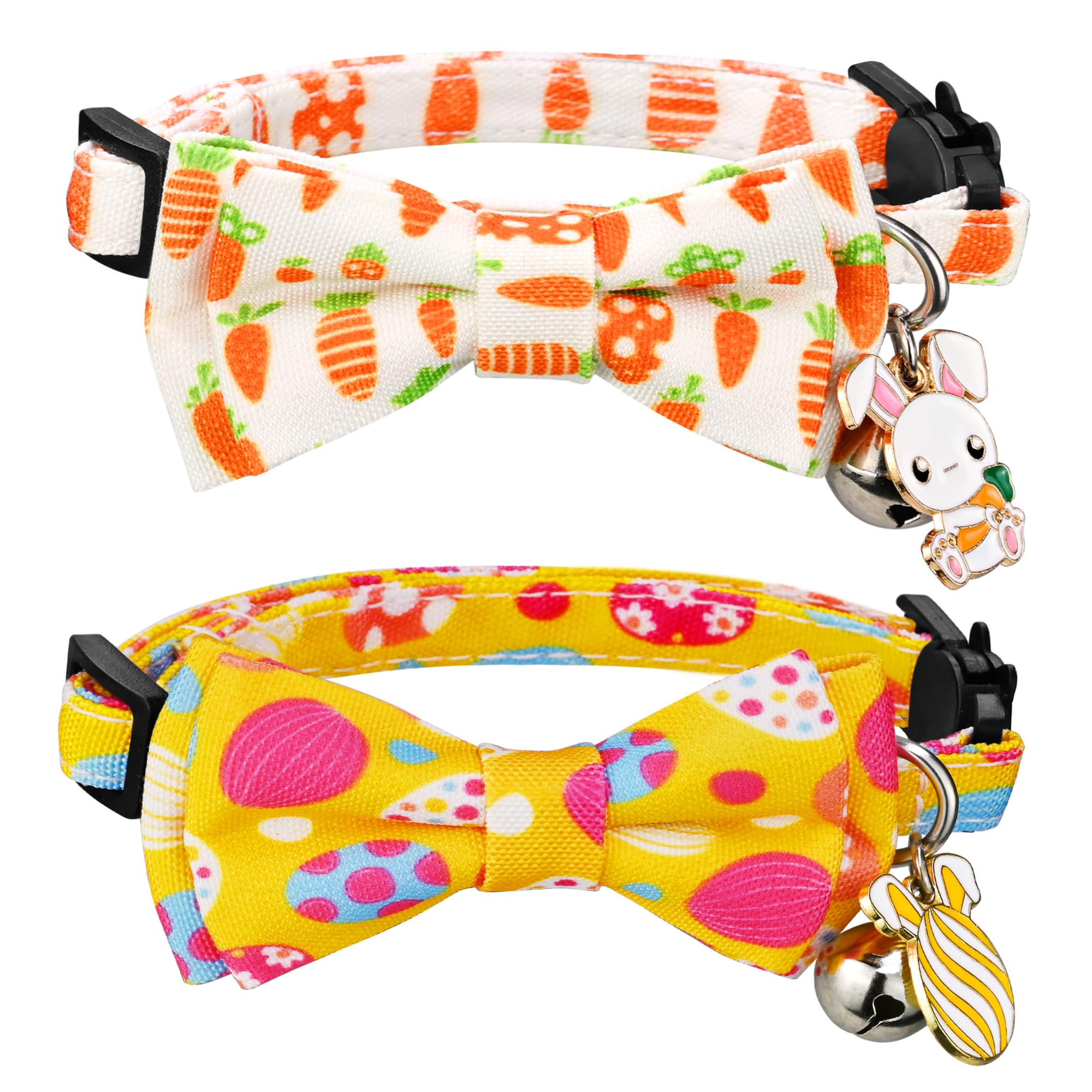 G-Ficu 2 Pack Easter Cat Collar Breakaway With Cute Bow Tie Bell Charm, Easter Eggs Carrot Holiday Collars For Girl Boy Cats Kit