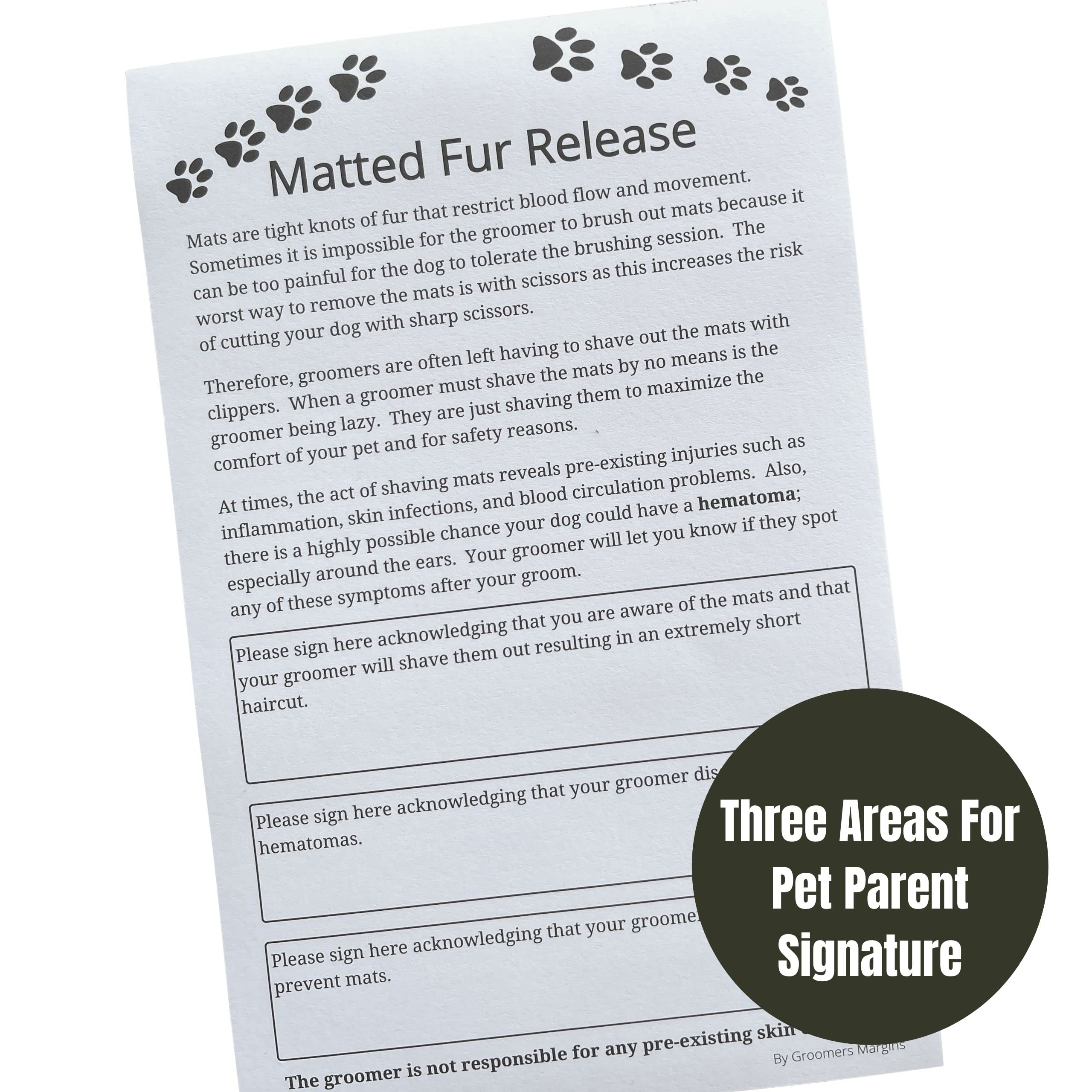 Matted Fur Release Forms For Dog Grooming Salons (Pad Of 100, 5.5 X 8.5 Inches) - Addressing Mats