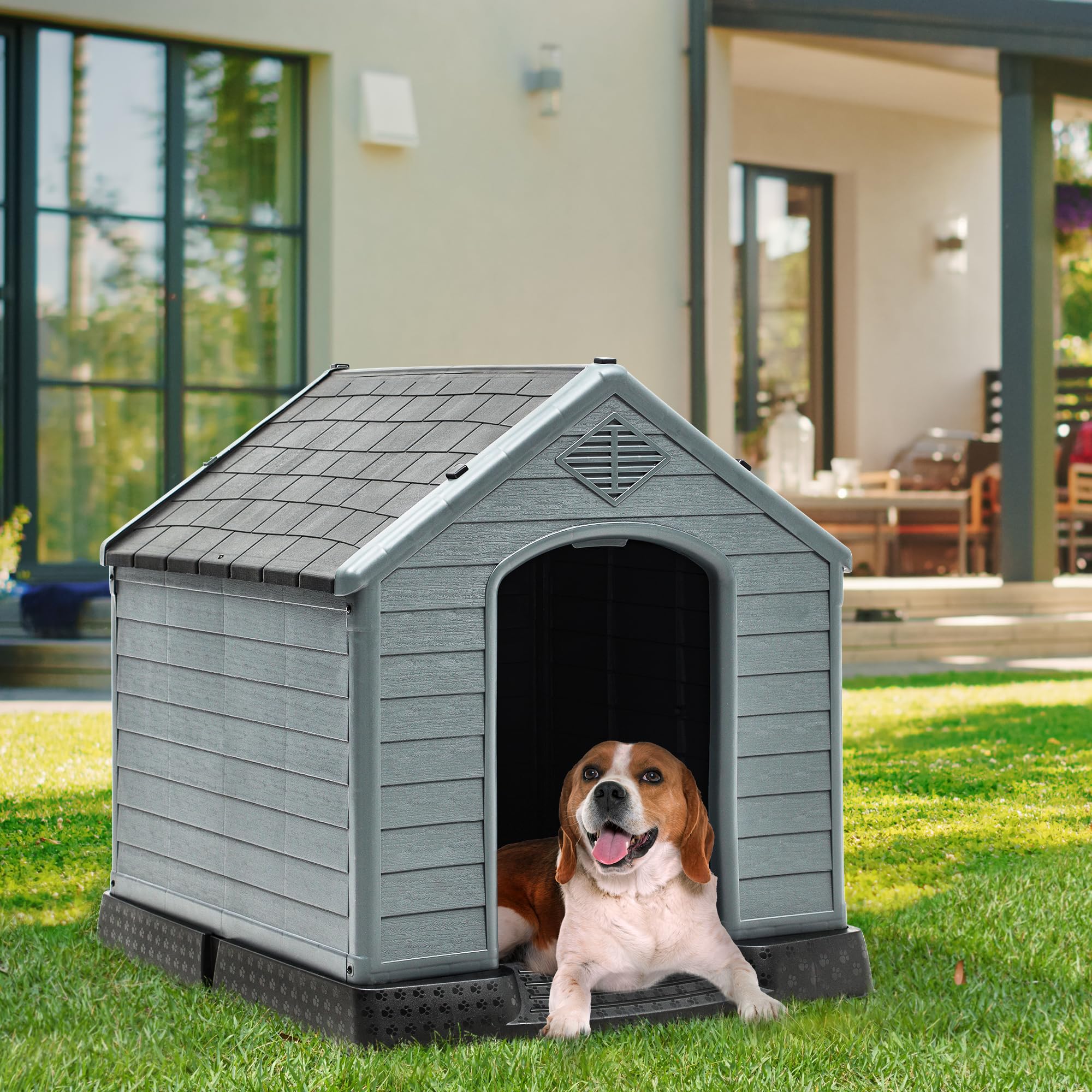 YITAHOME Plastic Dog House - 34.5'' Indoor/Outdoor Kennel, Water Resistant, Black+Gray, Easy Assembly, Elevated Floor, Model MAYIHfxW1q