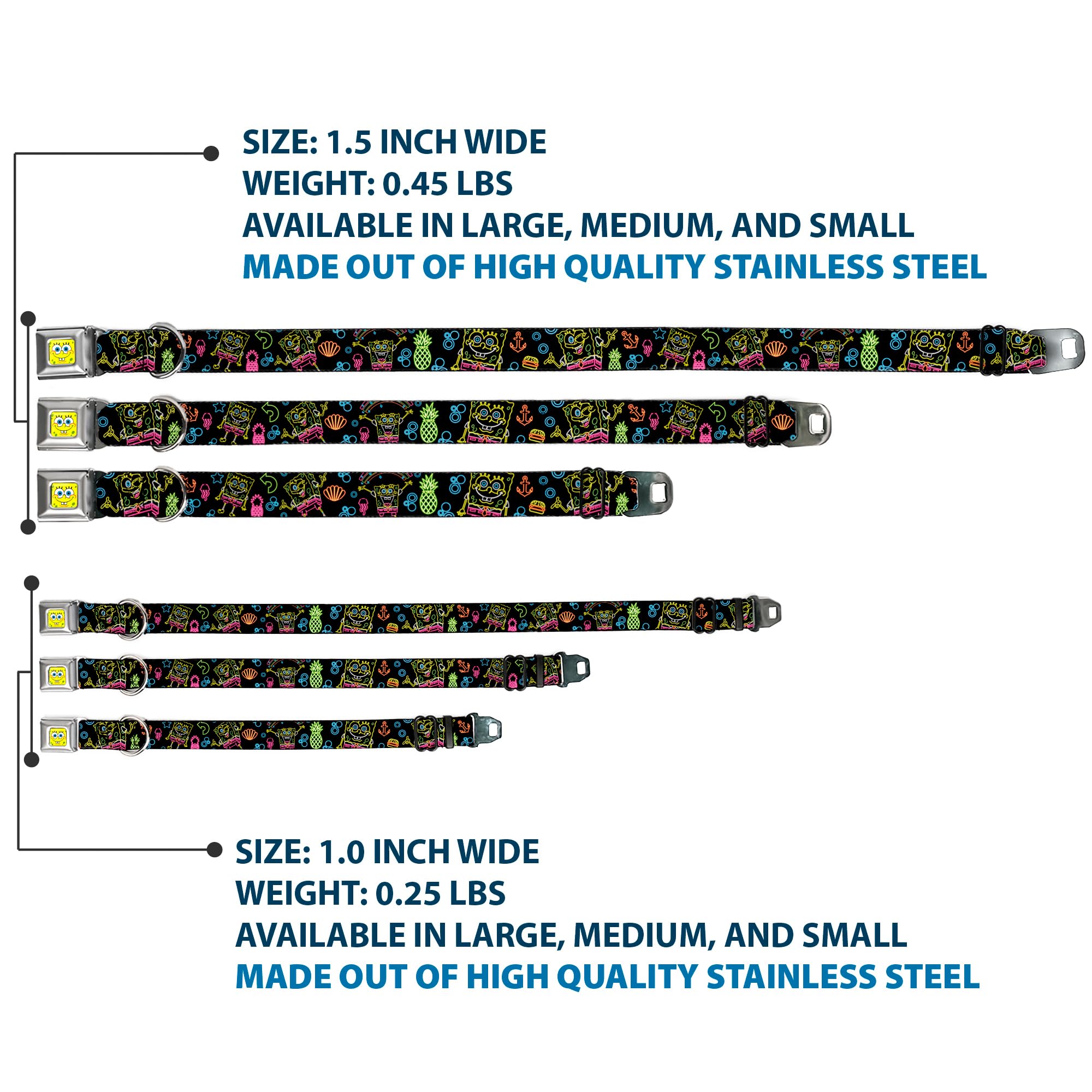 Buckle-Down Dog Collar Seatbelt Buckle Electric Spongebob Poses Elements Black Multi Color, 1' Wide - Fits 9-15' Neck - Small