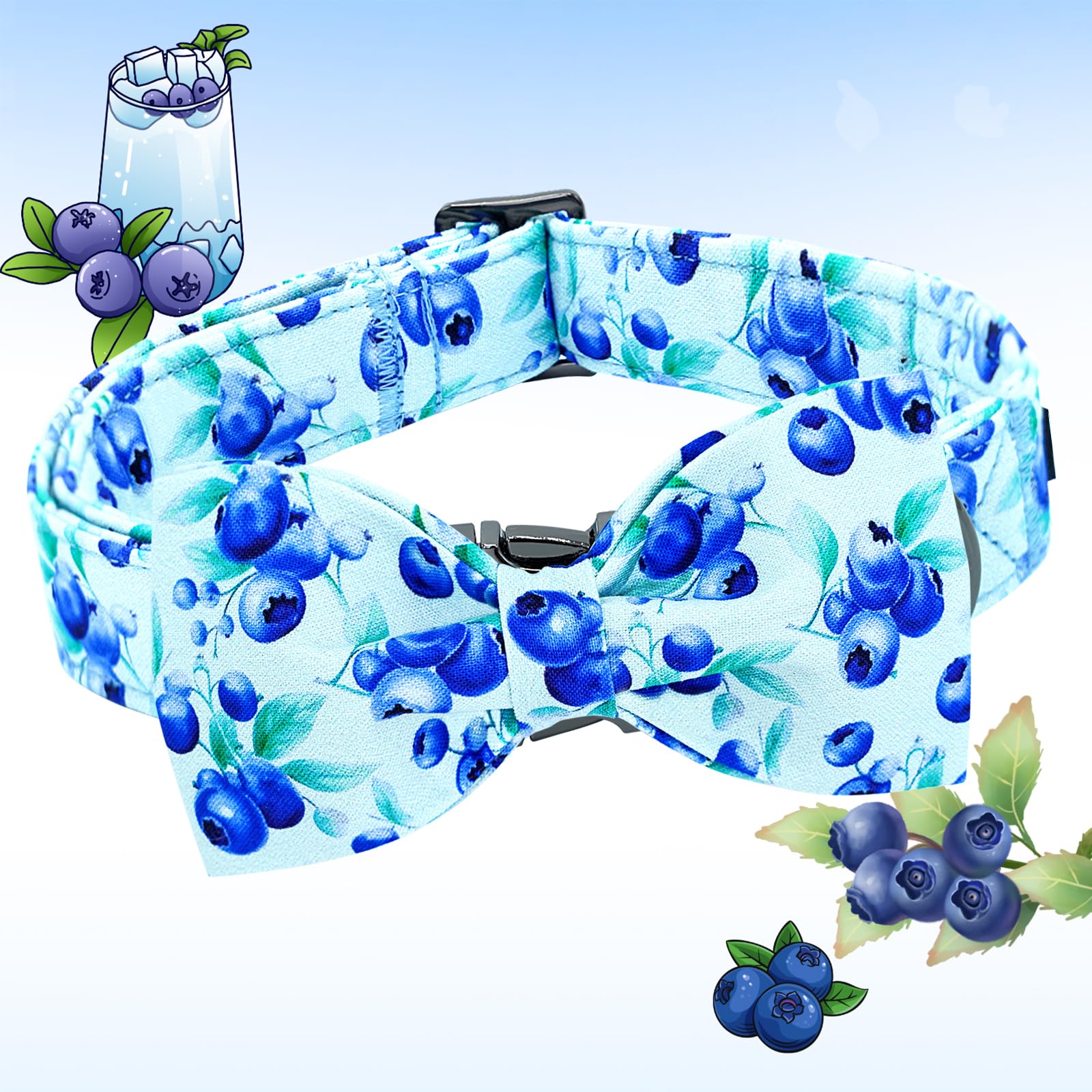 Lionheart Glory Dog Bow Collar Blueberries Print Collars For Small Dogs, Spring Summer Cute Duty Adjustable Dog Collar With Bowt