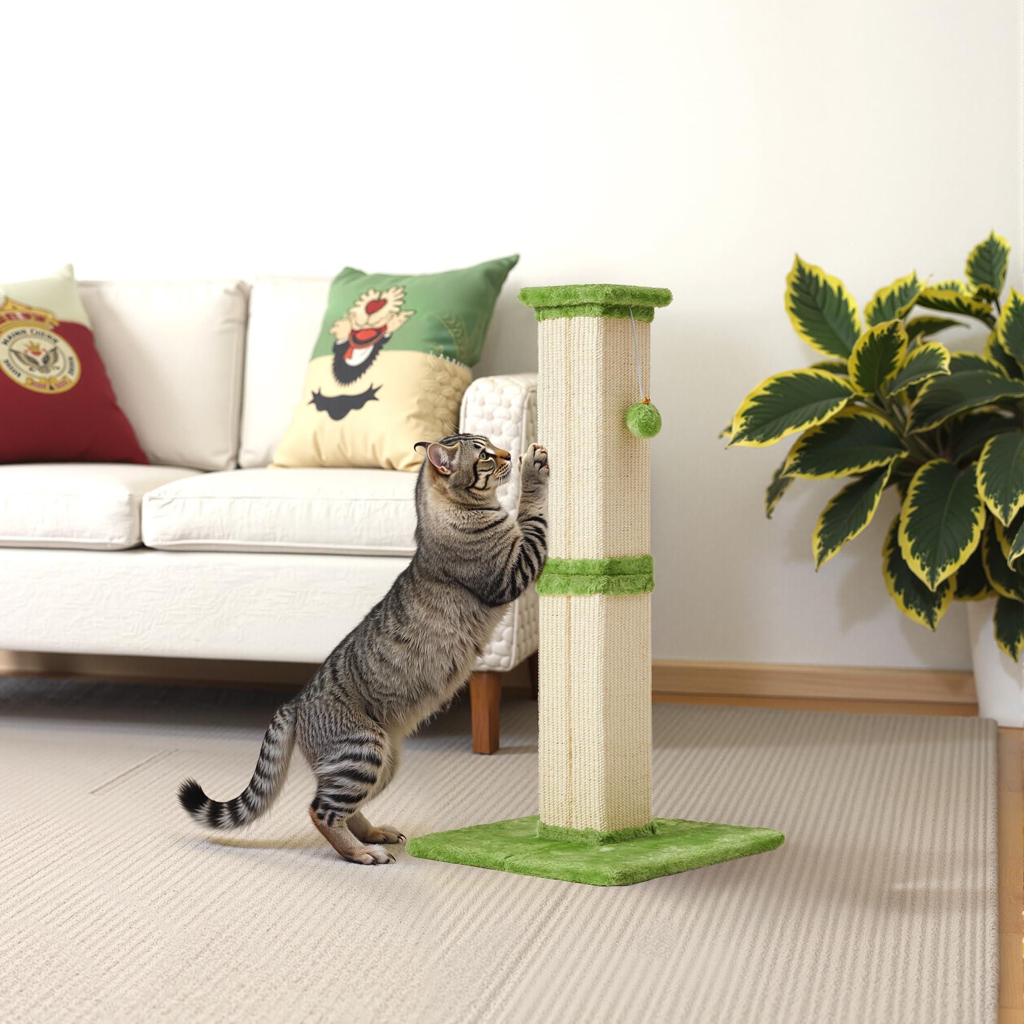 Fansafurn Cat Scratching Post with Hanging Toy Ball, 32-Inch Tall Sisal Cat Scratcher for Indoor Cats, Green