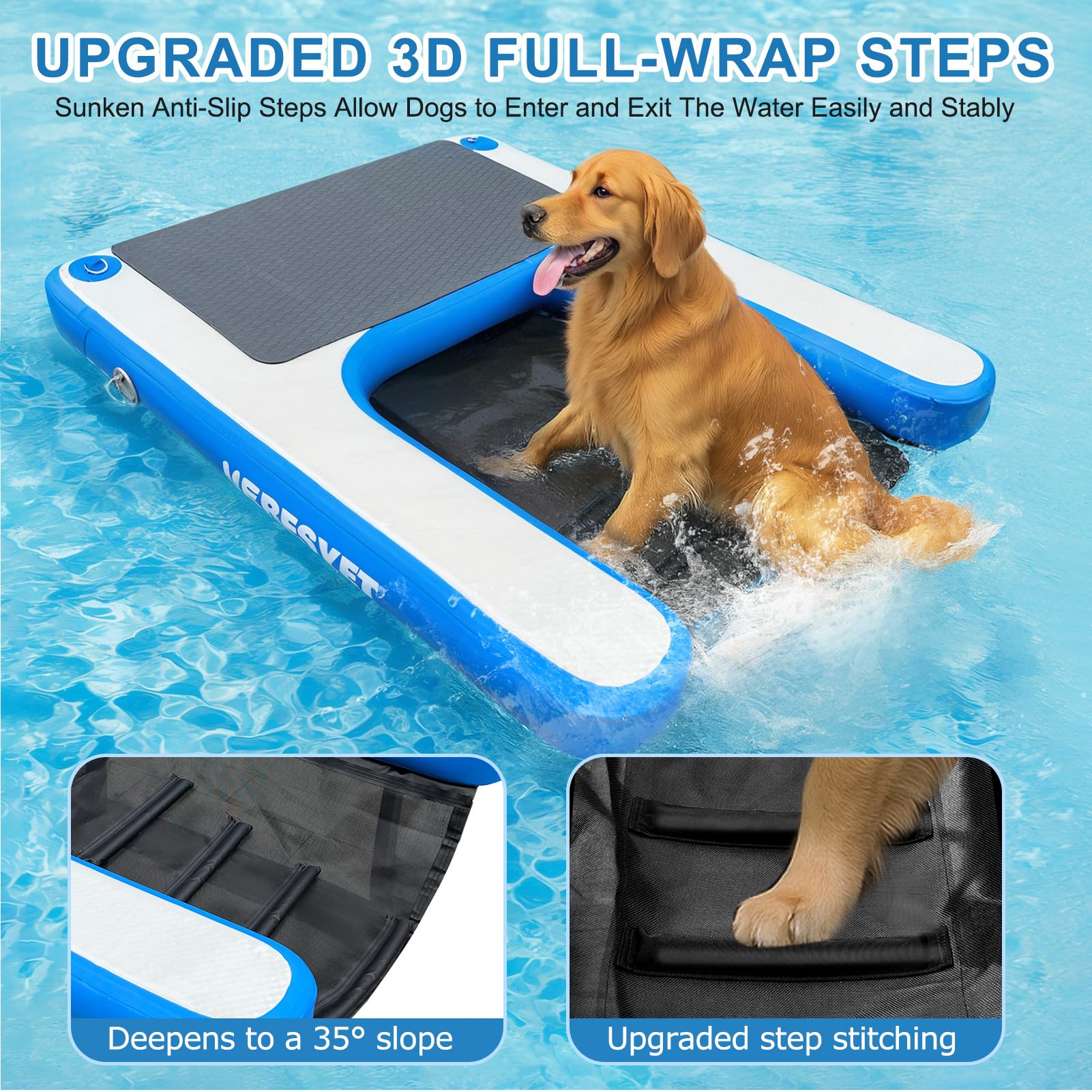 VEBESYET Inflatable Dog Water Ramp - Non-Slip EVA, 47.3"x39.4"x4", Supports 180LBS, Blue, Model VE-005 for Pools