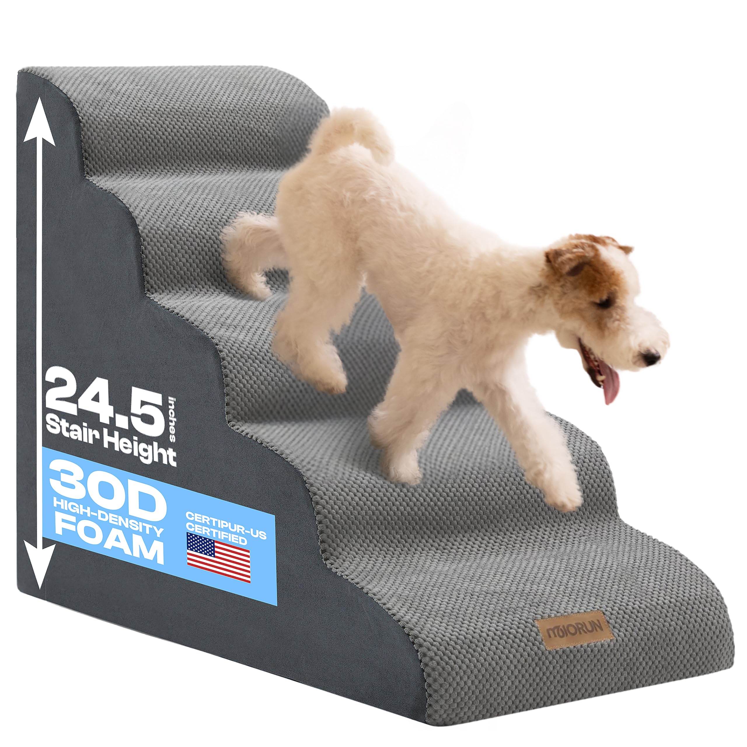 Miorun Dog Stairs for High Beds Up to 30, Extra-Tall 5-Step Dog Steps for Bed, 24.5 Tall Foam Pet Stairs for Small & Medium Dogs