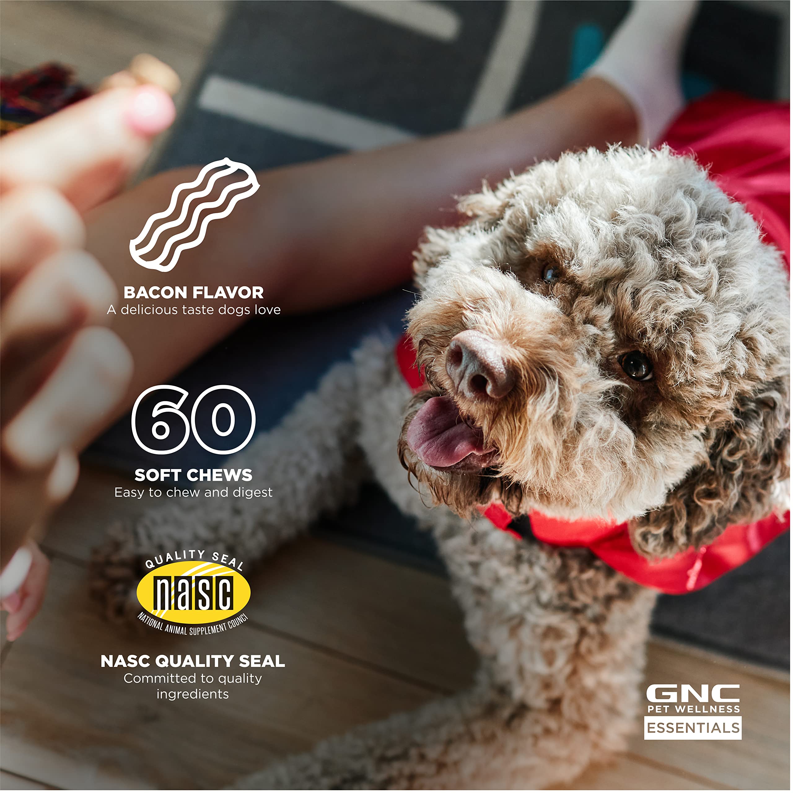 GNC Pets Essentials Digestion Dog Supplements, Probiotic Support Soft Chews in Bacon Flavor for Dogs, Daily Digestion Aid in Reu
