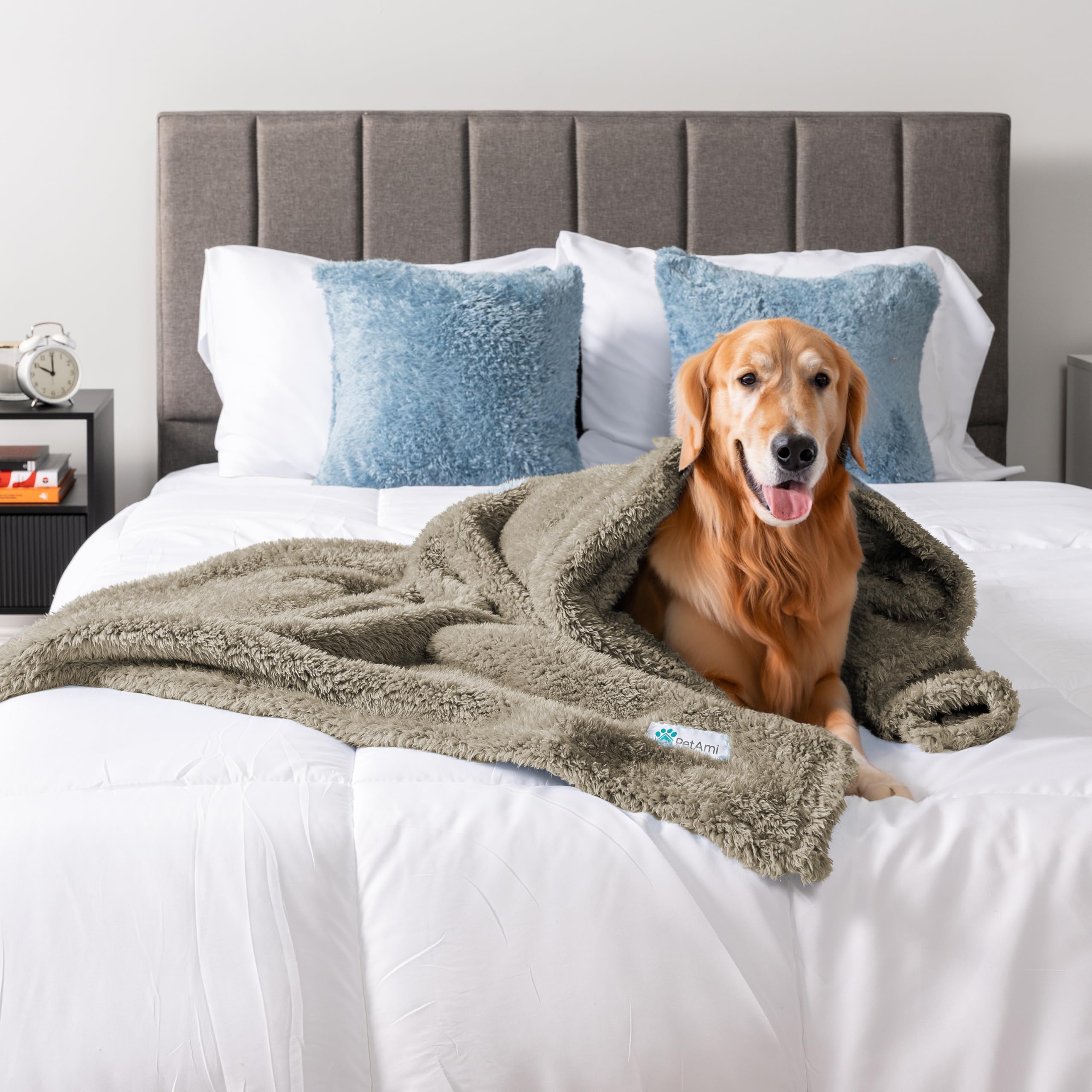 Petami Fluffy Waterproof Dog Blanket For Bed Large Dogs, Soft Warm Pet Sherpa Throw Pee Proof Couch Cover, Reversible Cat Blanket Sofa Crate Kennel Protector, Washable Mat Queen (Taupe Camel, 90X90)