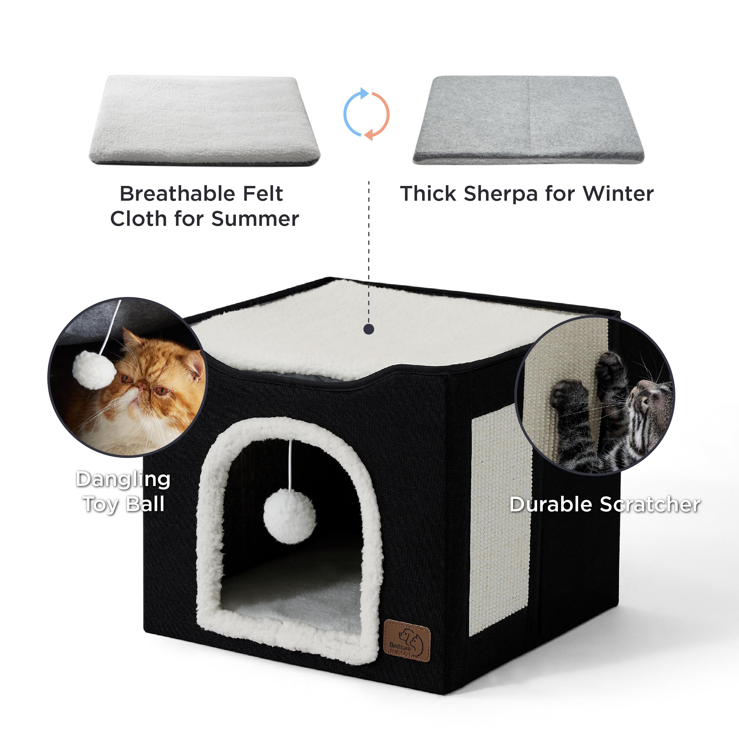 Bedsure Cat Beds For Indoor Cats - Large Cat Cave For Pet Cat House With Fluffy Ball Hanging And Scratch Pad, Foldable Cat Hideaway,16.5X16.5X13 Inches, Black