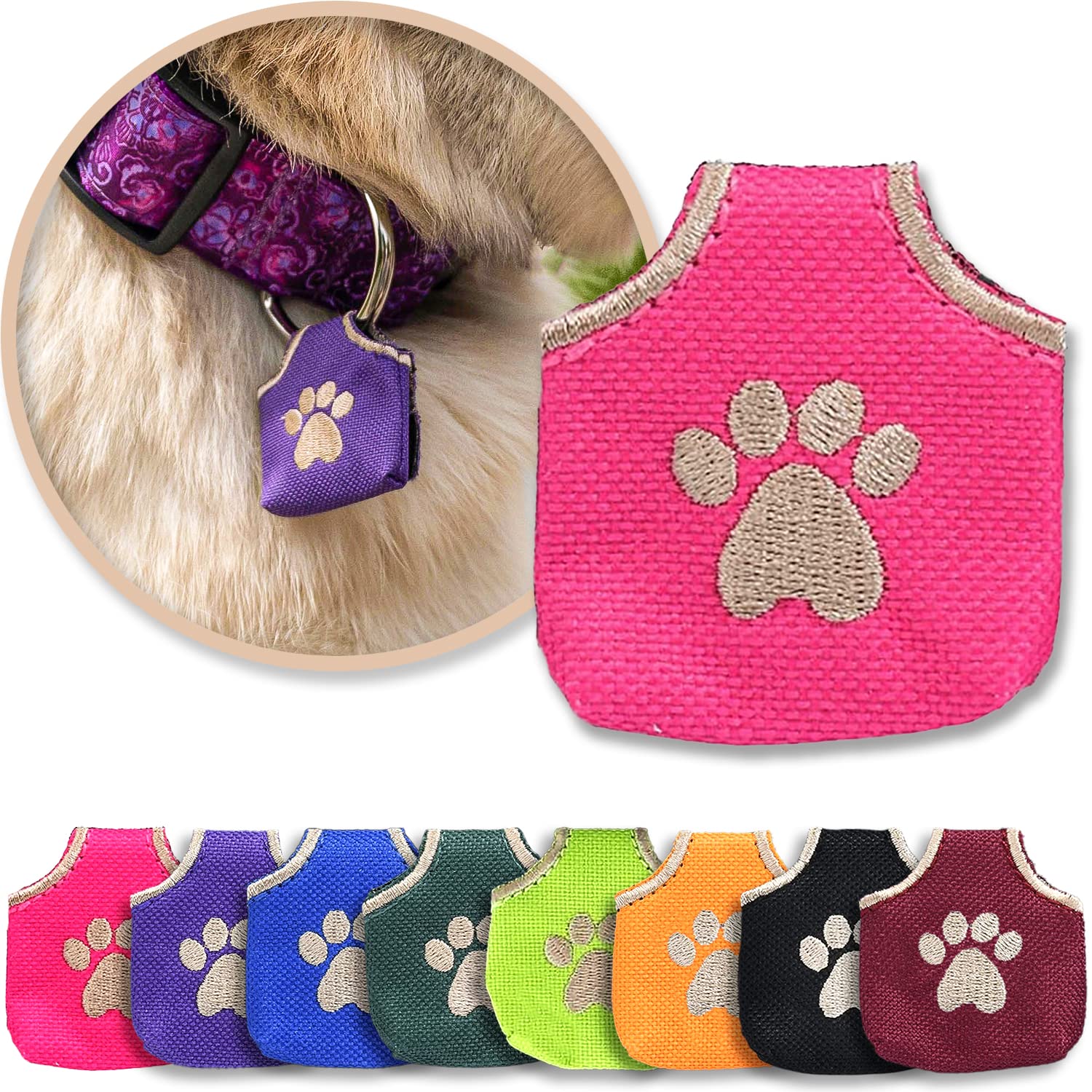 Woofhoof Dog Tag Cover, Pink Pawprint - Quiet Noisy Pet Tags - Fits Up to Four Pet IDs - Dog Tag Cover Protects Metal Pet IDs fr