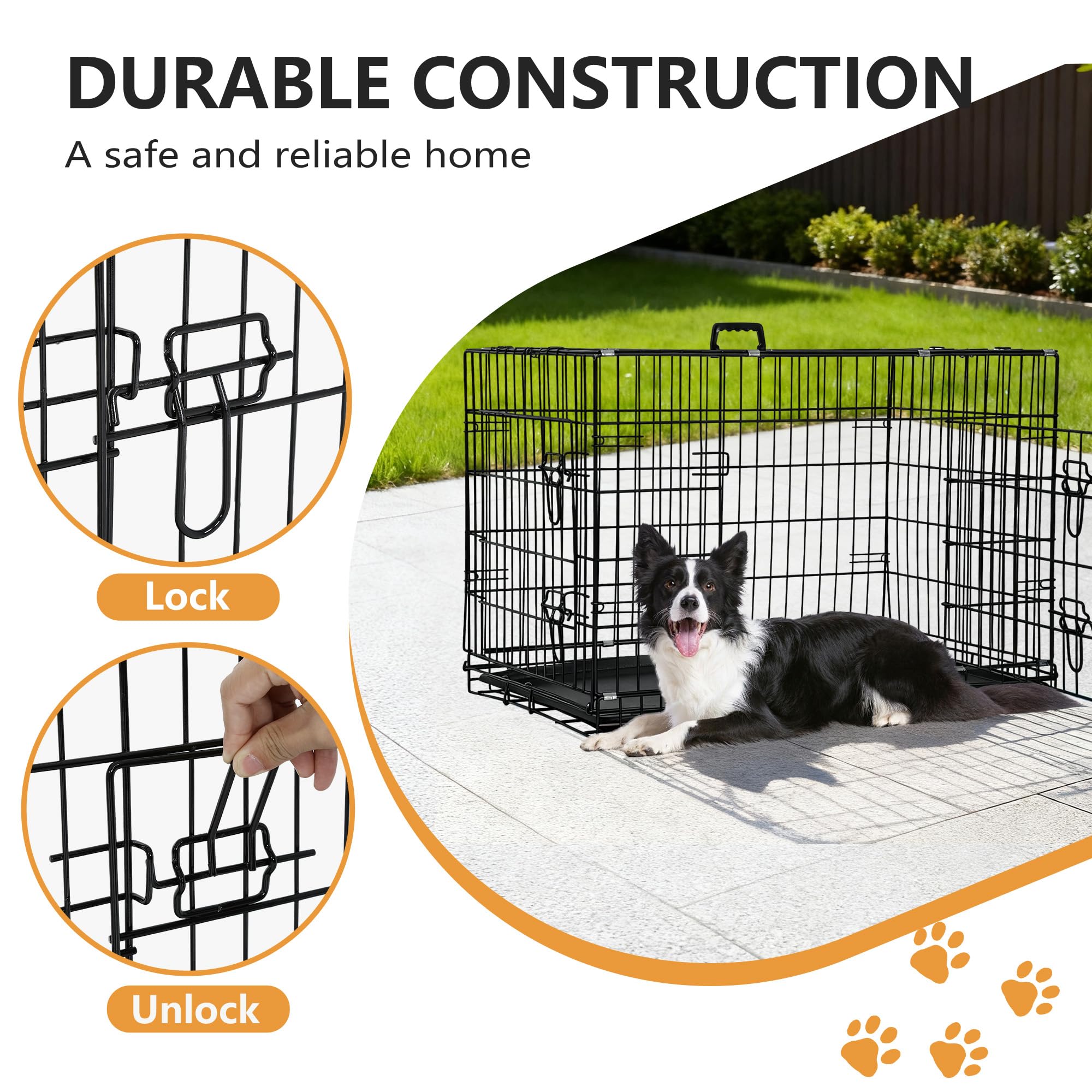FDW Dog Crate 42-Inch Dog Cage Foldable Metal Kennel with Leakproof Tray Foldable Design Indoor Outdoor Use for Large Dogs,Dark