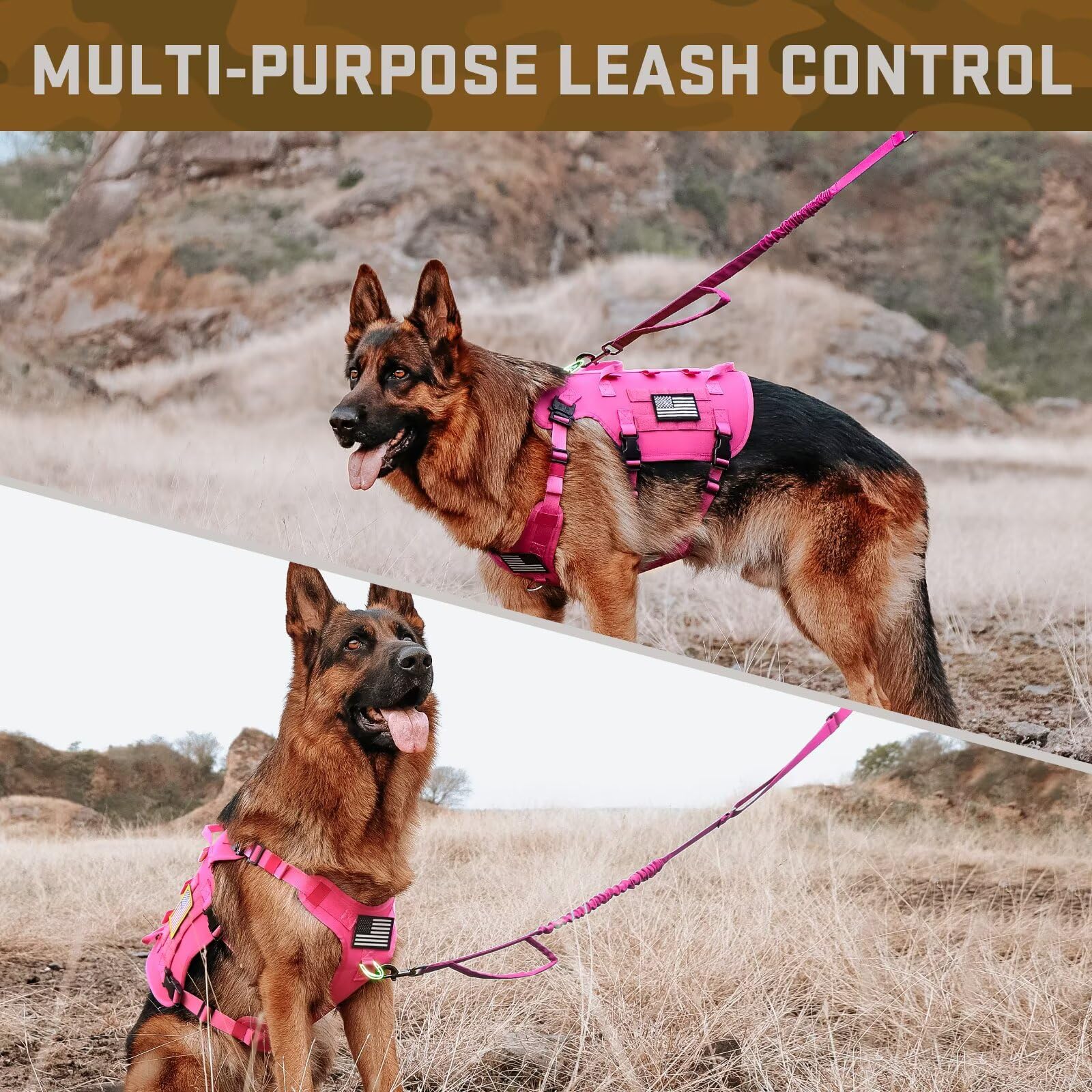 Forestpaw Pink Tactical Dog Harness For Large Dogs,Tactical Dog Collar With Bungee Leash Set,No Pull Military Dog Harness For Wa