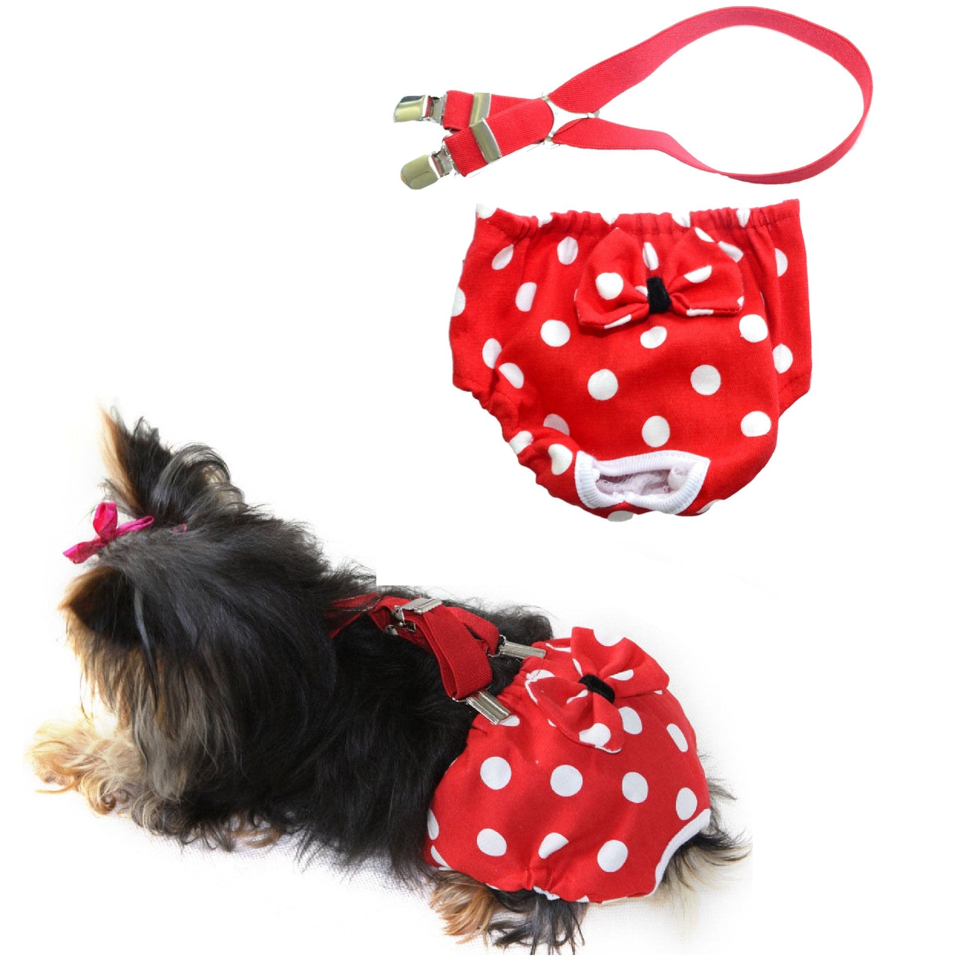 Funnydogclothes Dog Diaper With Suspenders Red Polka Dot Reusable Washable For Small Dog Breeds Female (Large: Waist 16'' - 20''