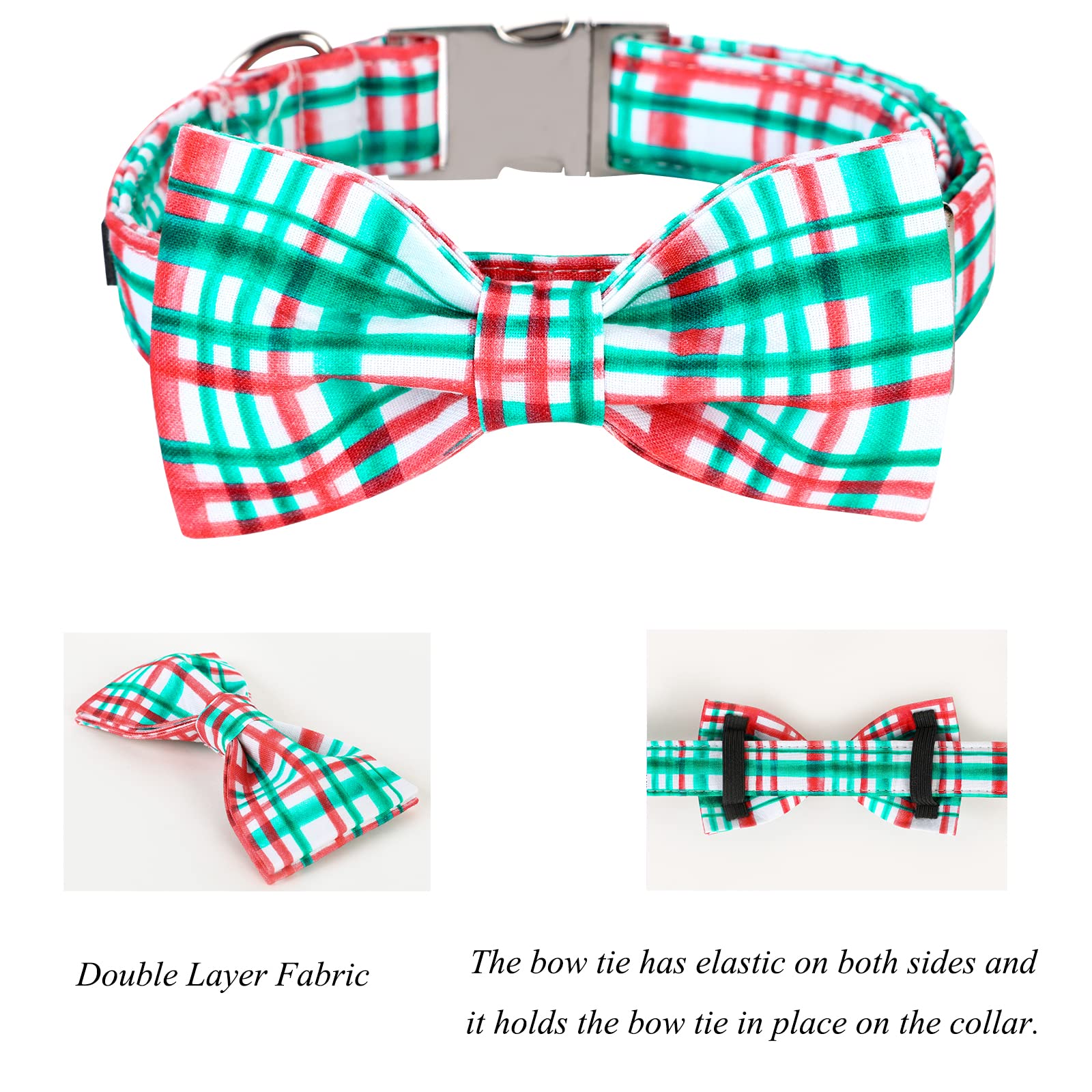 Lionet Paws Dog Collar With Bowtie, Detachable Bowtie For Dressing Up, Large, Red&Green Grid, Cotton, Buckle Closure, Ideal For