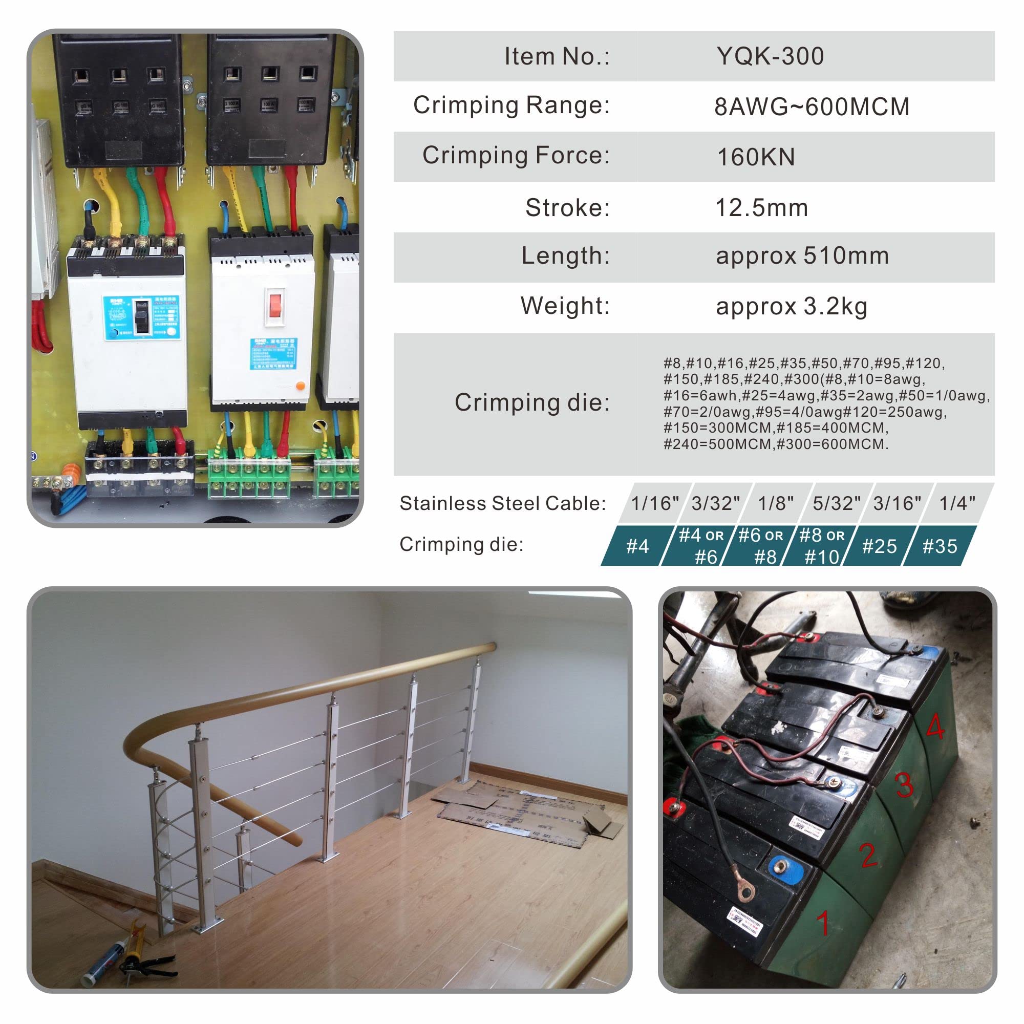 Industrial Hydraulic Cable Lug Crimper 16Ton 9 Awg To 600 Mcm Electrical Terminal Cable Wire Tool Kit Includes 13 Pairs Of Die S