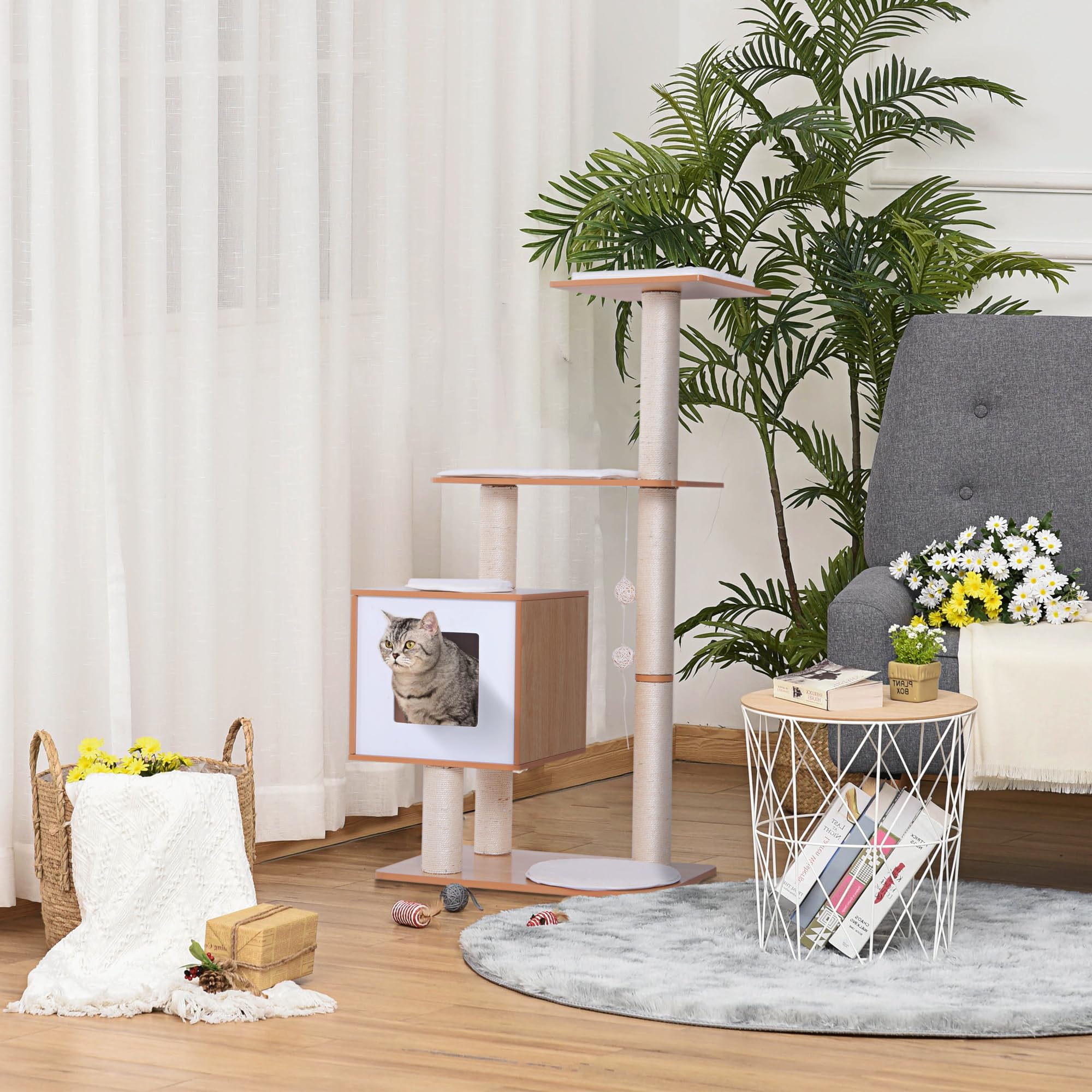 Pawhut Wood Cat Tree Scratching Post For Indoor Cats Kitten House Condo Activity Center W/Cushion Hanging Toy Multi-Level