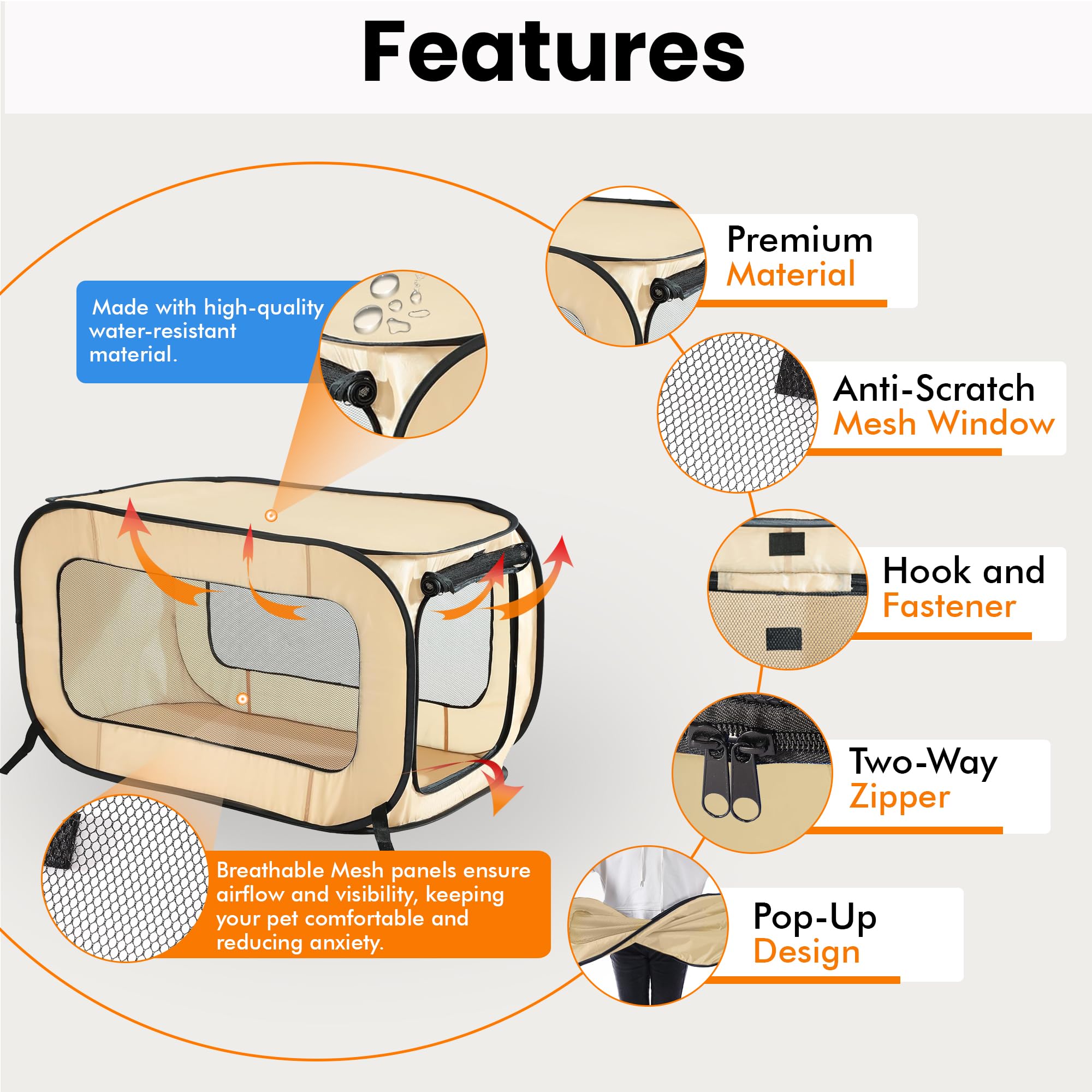 Beatrice Home Fashions Portable, Collapsible, Pop Up Kennel Travel Cat And Dog Crate, 40'' L X 27'' W X 27'' H, Beige