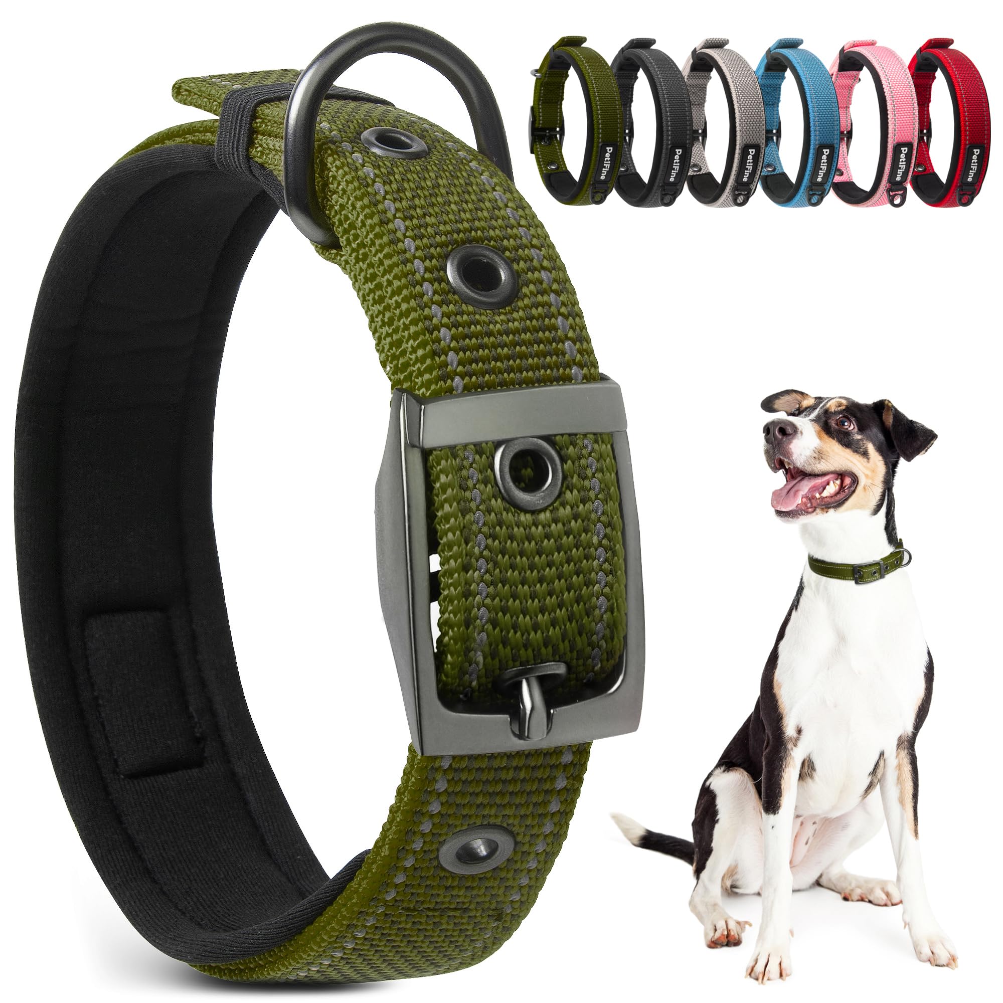 PetiFine Dog Collars for Medium Dogs, Neoprene Padded and Adjustable, Reflective Wide Heavy Duty Pet Collars with Durable Metal