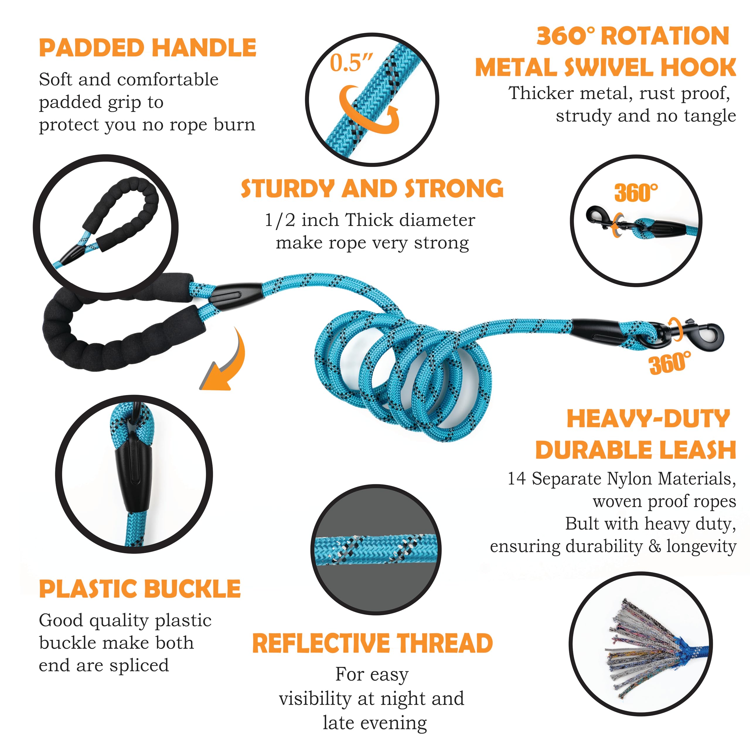 Glorypet 2 Pack 6 Ft Heavy Duty Dog Leash With Poop Bag And Dispenser And Silicone Toothbrush, Durable, Comfortable Padded Handl