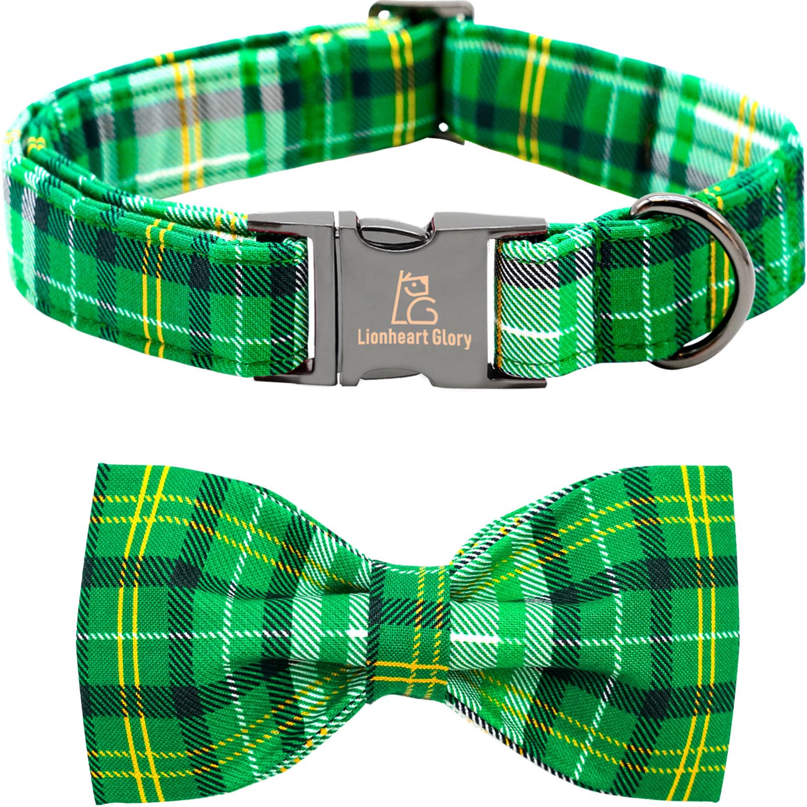 Lionheart Glory Dog Bow Collar St. Patrick'S Day Dog Collar For Large Dogs, Adjustable Green Plaid Collars Spring Dog Collar Wit