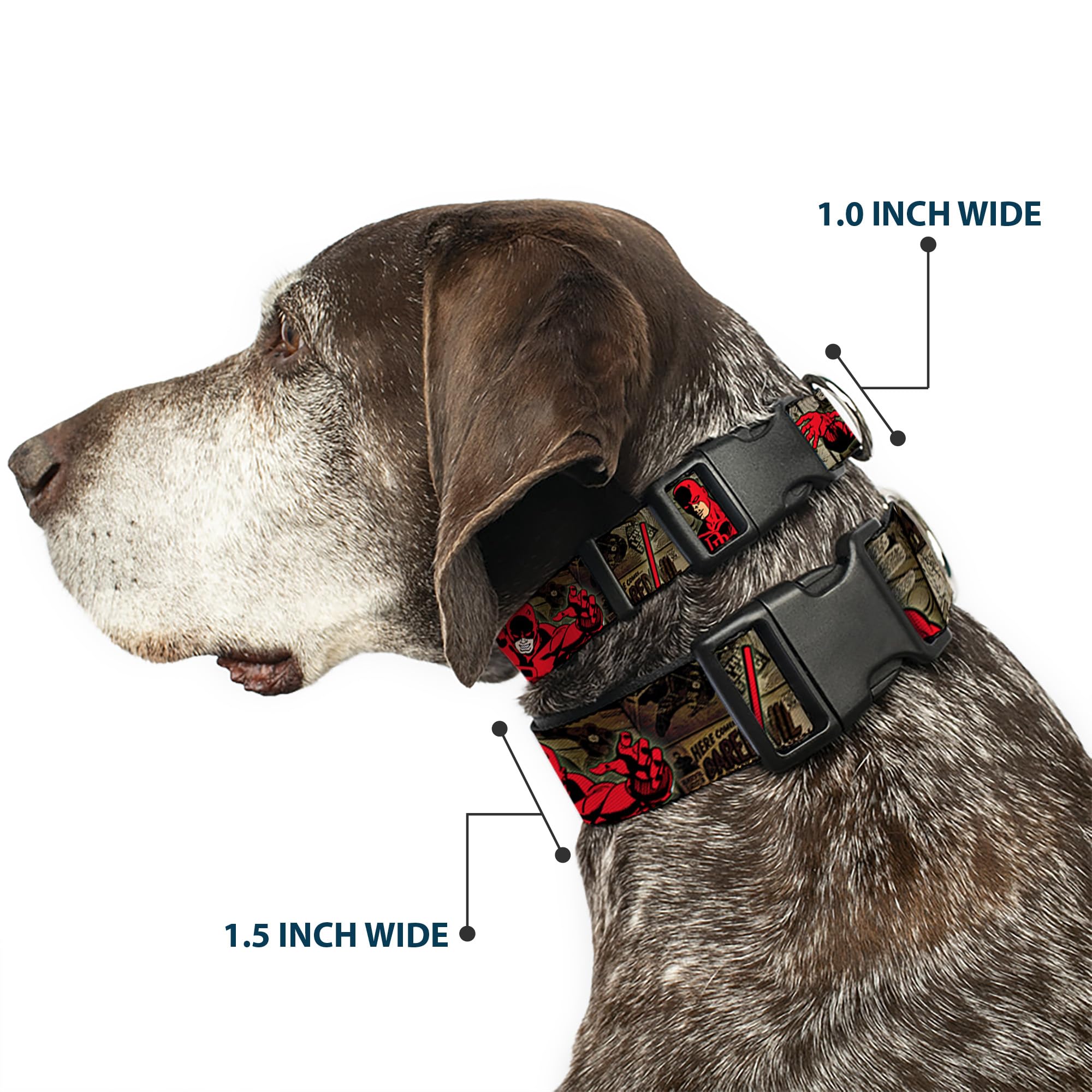 Buckle-Down 'Daredevil Action Poses/Comic Panels Grays/Red' Plastic Clip Collar, 1/2' X 8-12'/Medium