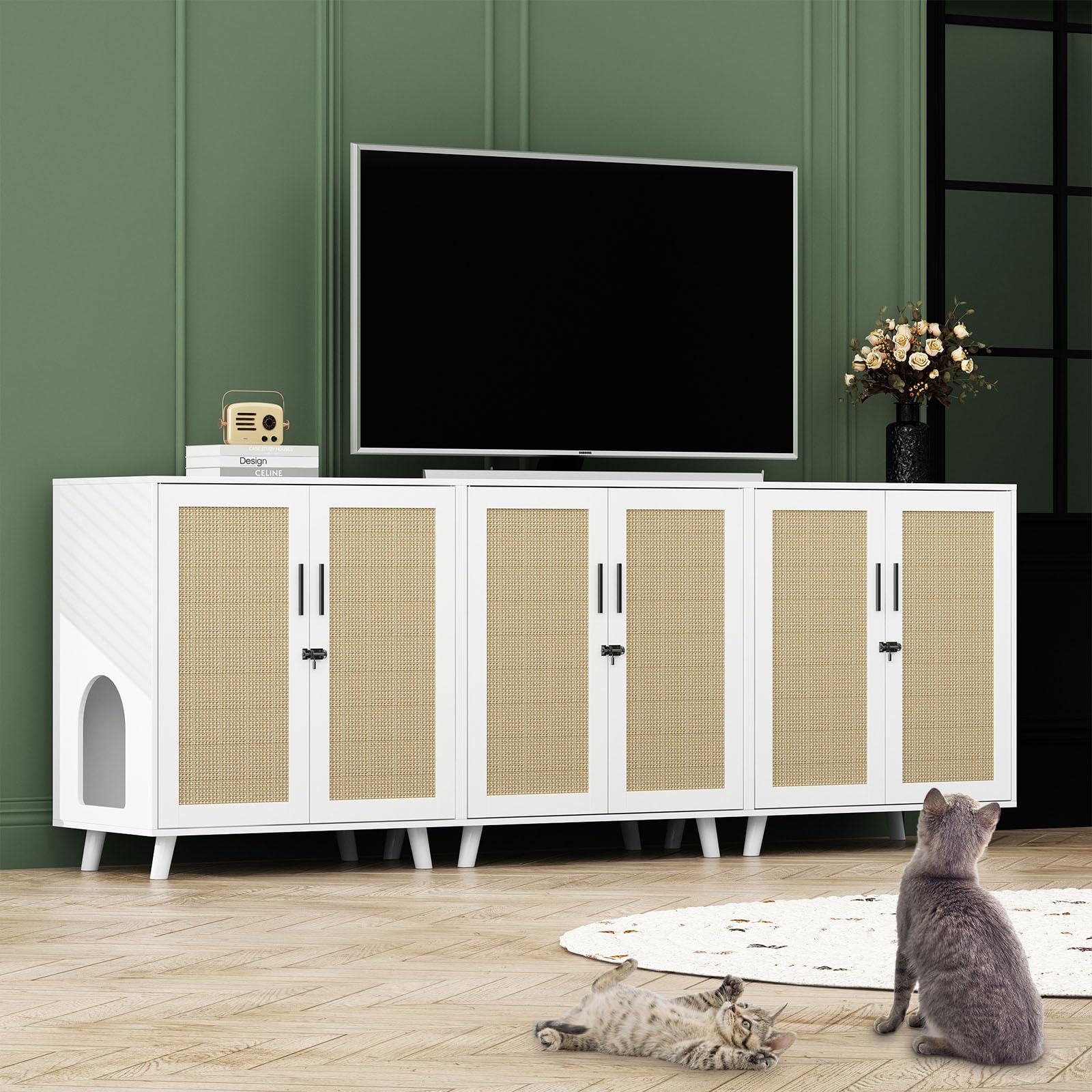 Lovinouse Large Cat Litter Box Enclosure,Hidden Kitty Litter Furniture With Sisal Covered Doors,2-Layer Wooden Cat Washroom Cabi