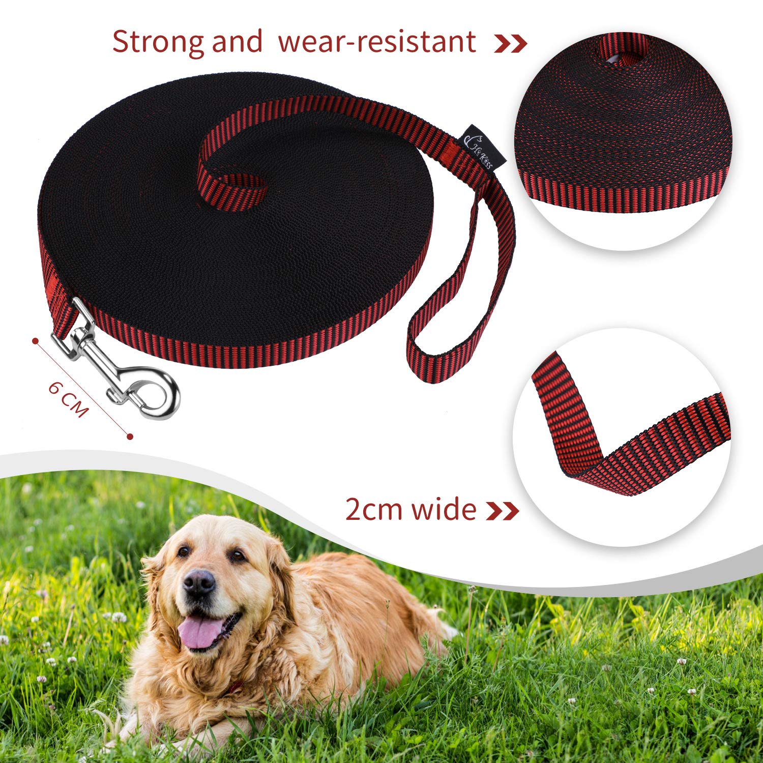 Hi Kiss Dog/Puppy Obedience Recall Training Agility Lead - 15Ft 20Ft 30Ft 50Ft 100Ft Training Leash - Great For Training, Play, Camping, Or Backyard(20Ft,Black_Red)