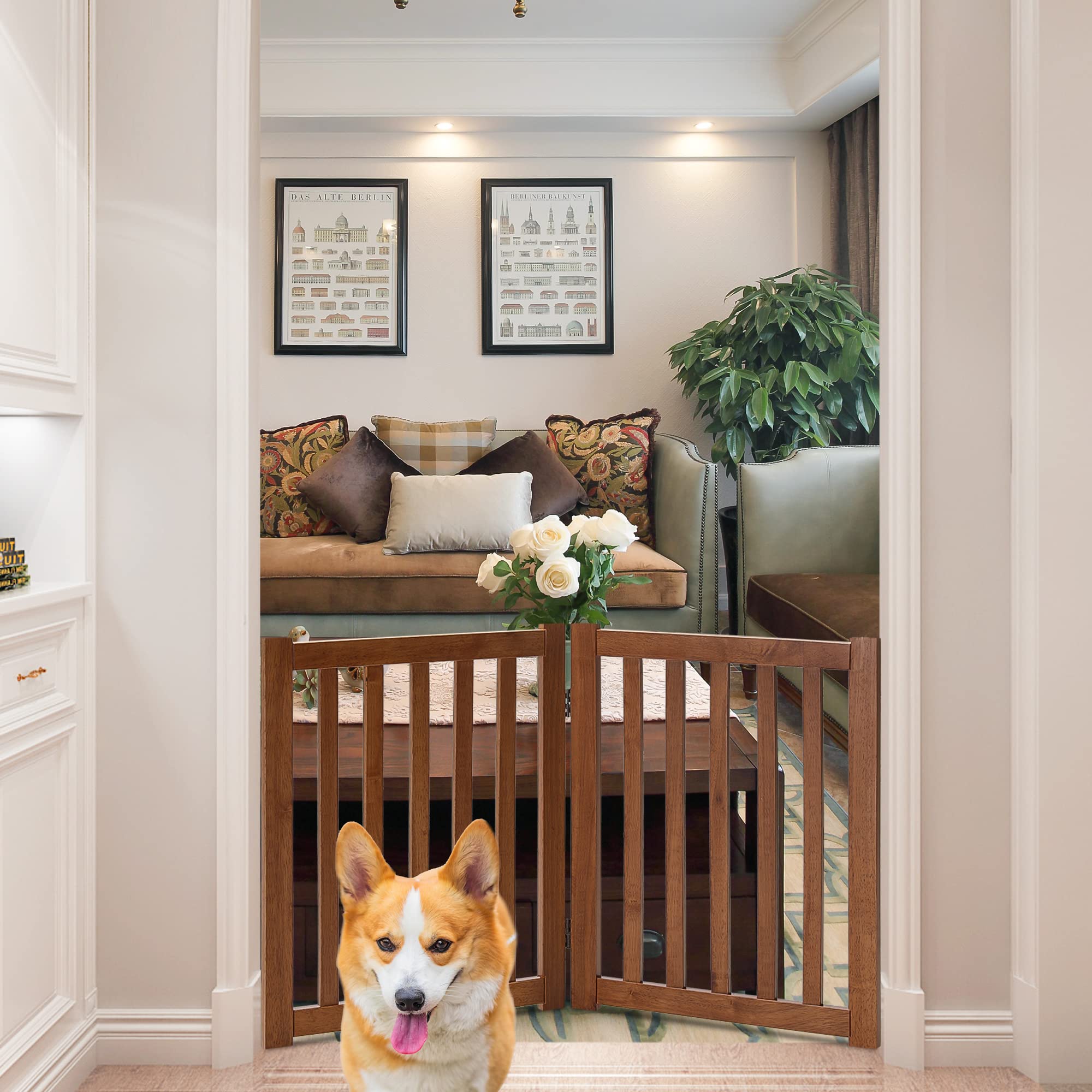 Lzrs Solid Hardwood Freestanding Pet Gate,Wooden Dog Gates For Doorways,Nature Wood Dog Gates For The House,Dog Gate For Stairs,Freestanding Indoor Gate Safety Fence,Oak,24' Height-2 Panels