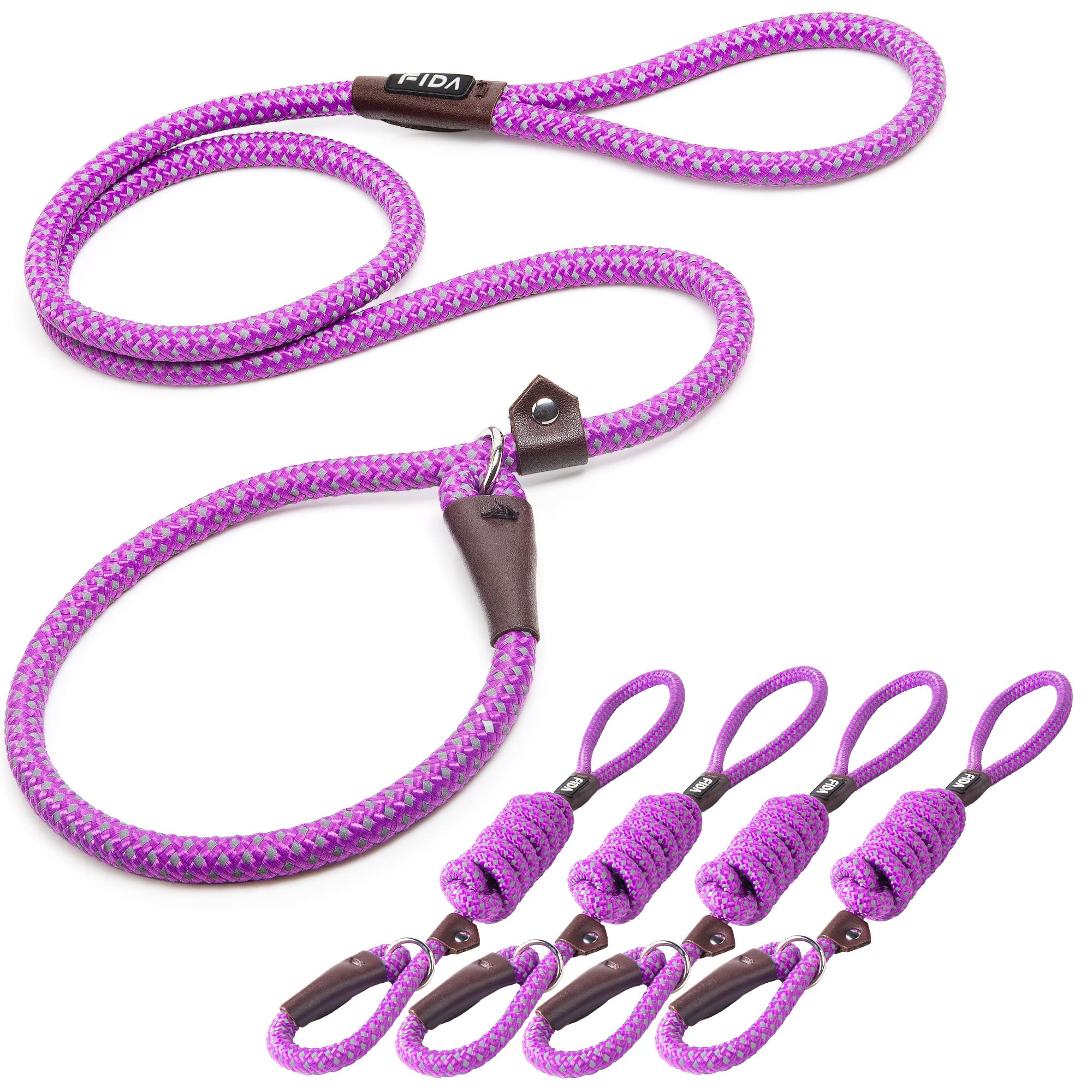 Fida Durable Slip Lead Dog Leash Bulk Pack Of 5, Heavy Duty 1/2' X 6 Ft Comfortable Strong Rope Slip Leash For Large, Medium Dogs No Pull Pet Training Leash With Highly Reflective, Purple