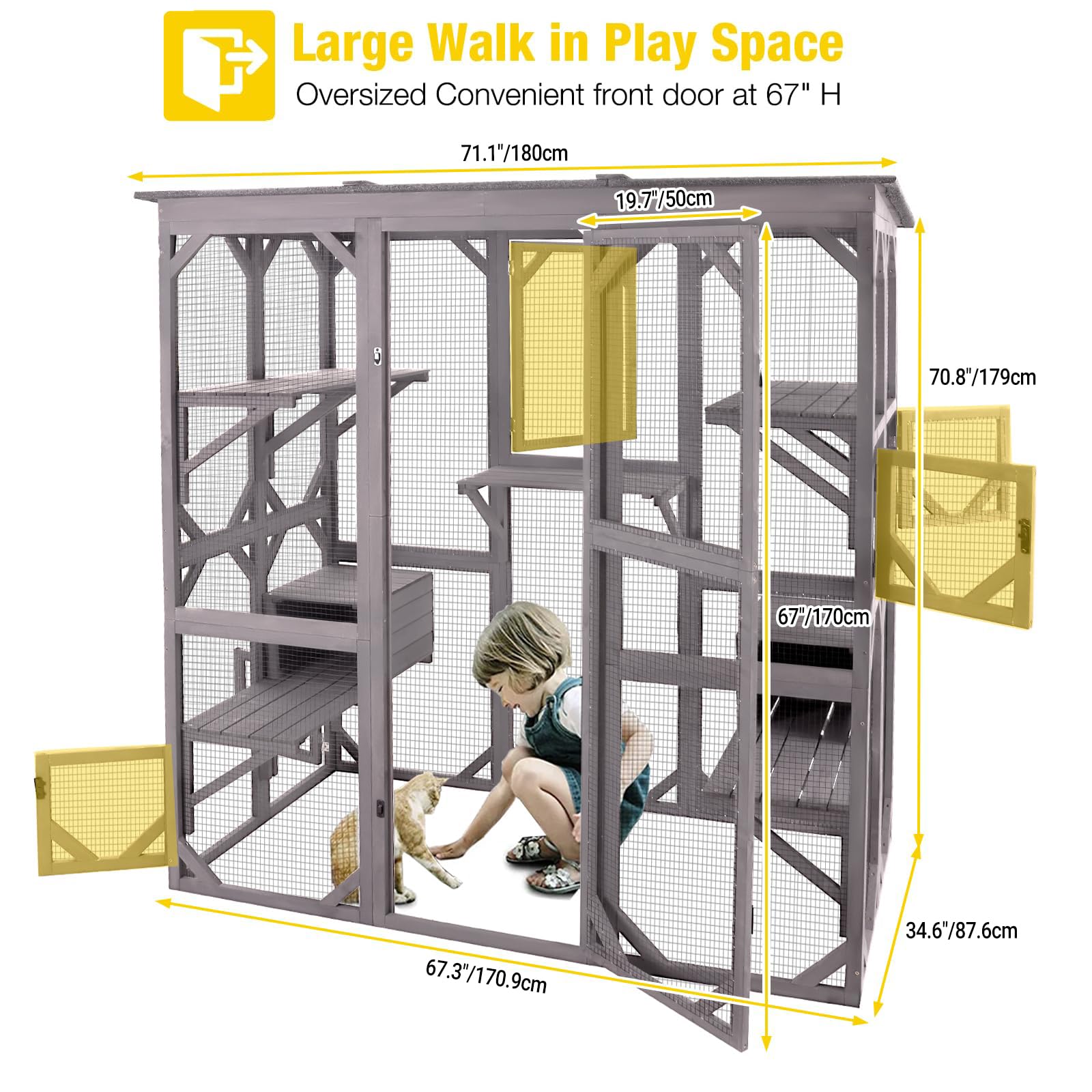 Aivituvin Cat House Outdoor Catio Kitty Enclosure With Super Large Enter Door,Wooden Cat Cage Condo Indoor Playpen With Platforms,Small House 71 Inch