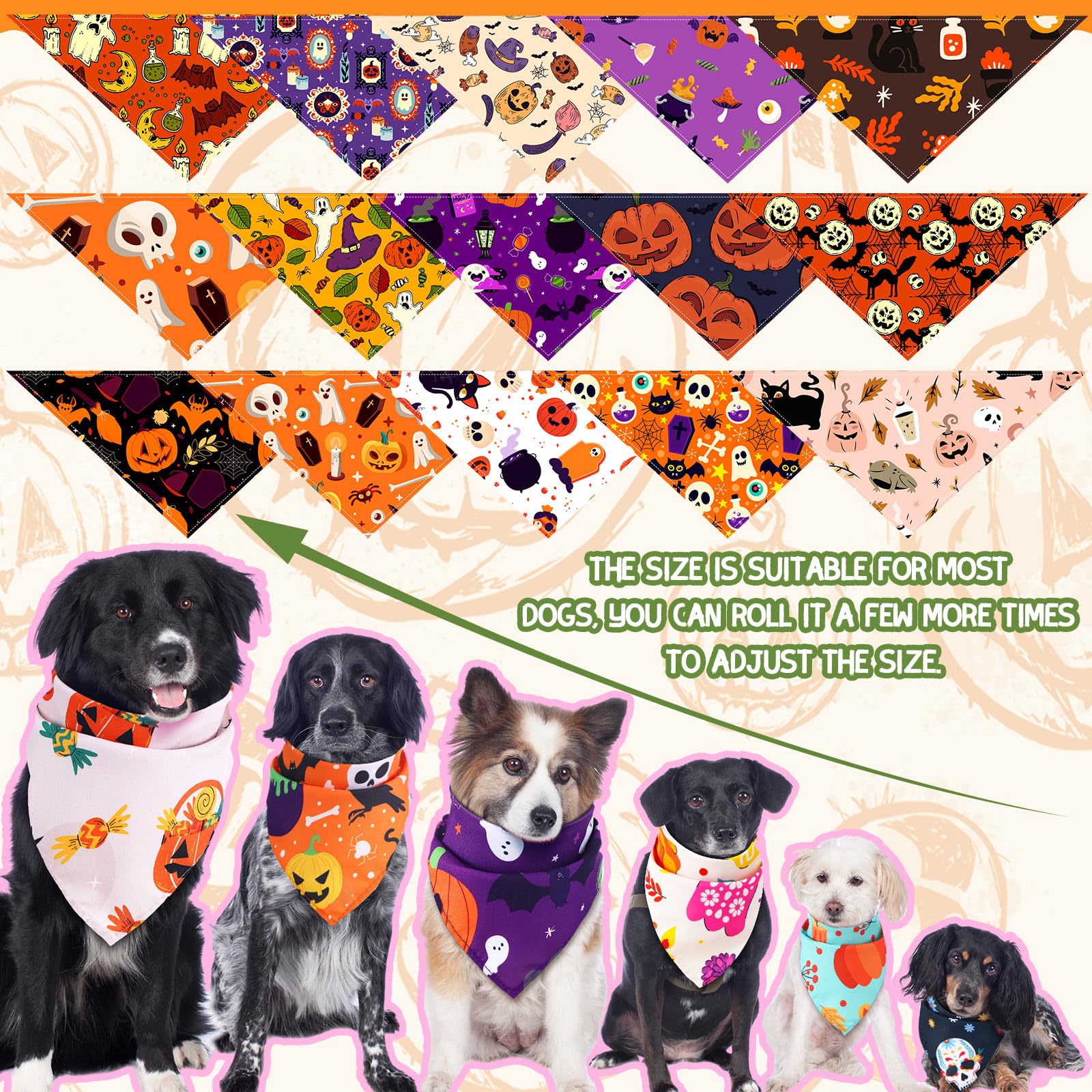 Huhumy 100 Pcs Halloween Dog Bandanas Bulk Pet Bibs Colorful Triangle Scarf Pet Bandanas for Medium Large Dogs Halloween Party C