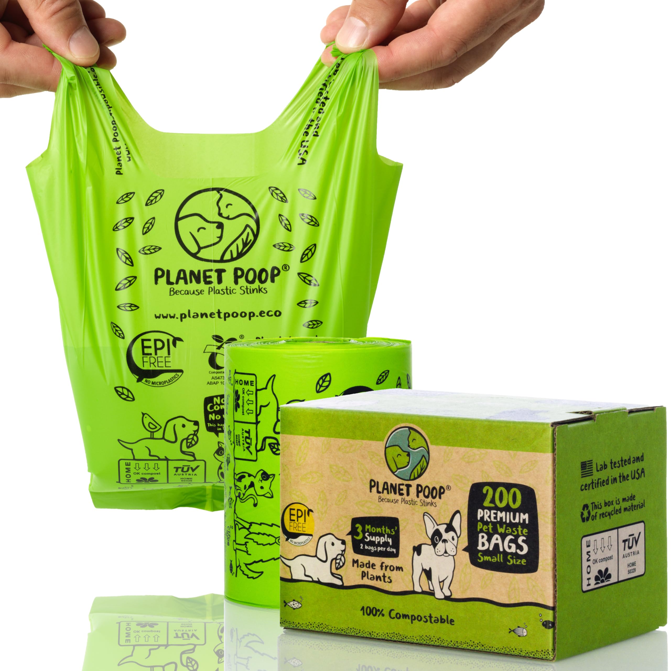 Planet Poop Compostable Dog Poop Bags For Small Pets, Large Single Roll 200 Mini Size Grab & Go, Biodegradable Un-Scented Dog Wa