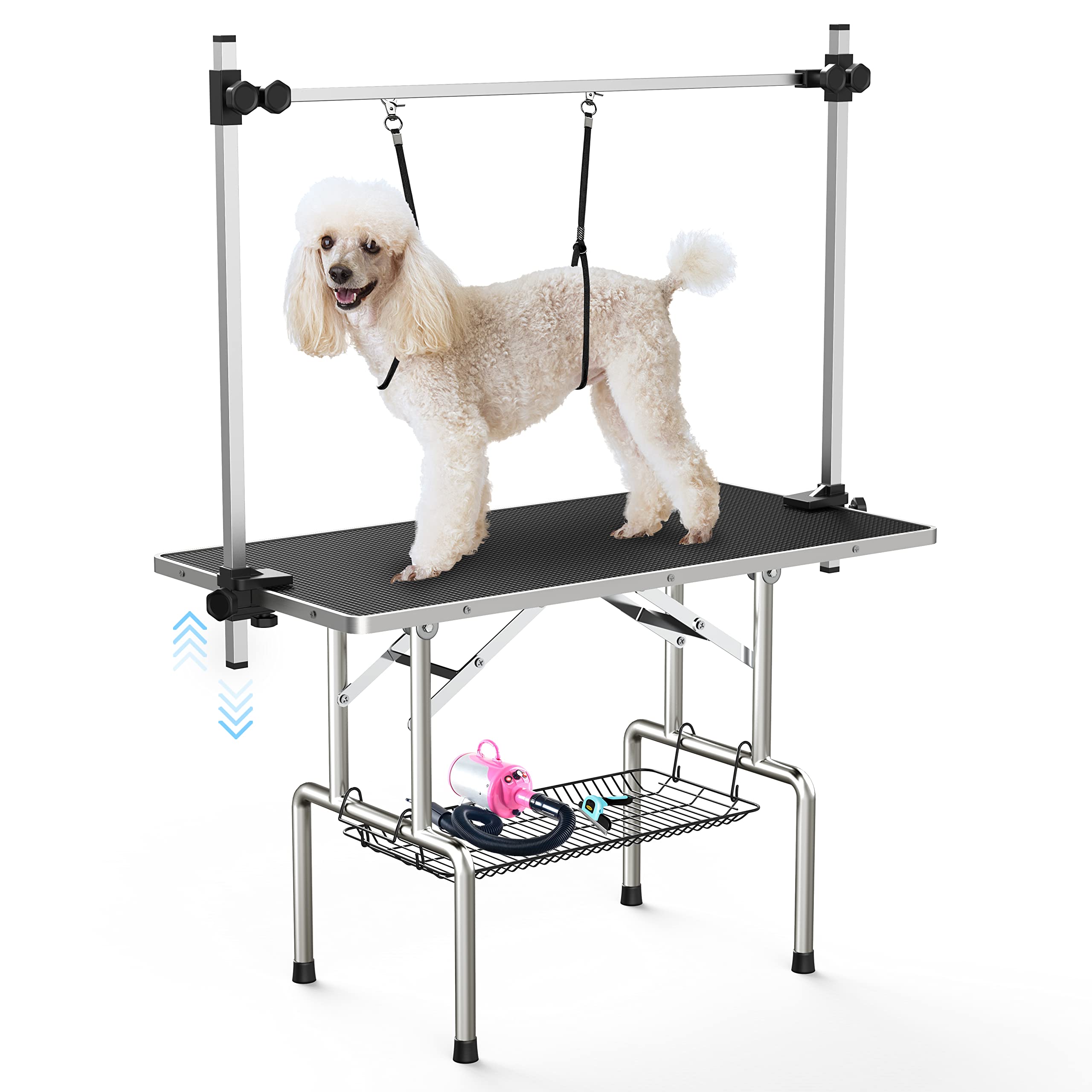 Lyromix Dog Grooming Table, Adjustable Cat Drying Desktop With Arms, Nooses, Mesh Tray, Foldable Pet Station At Home, Maximum Ca