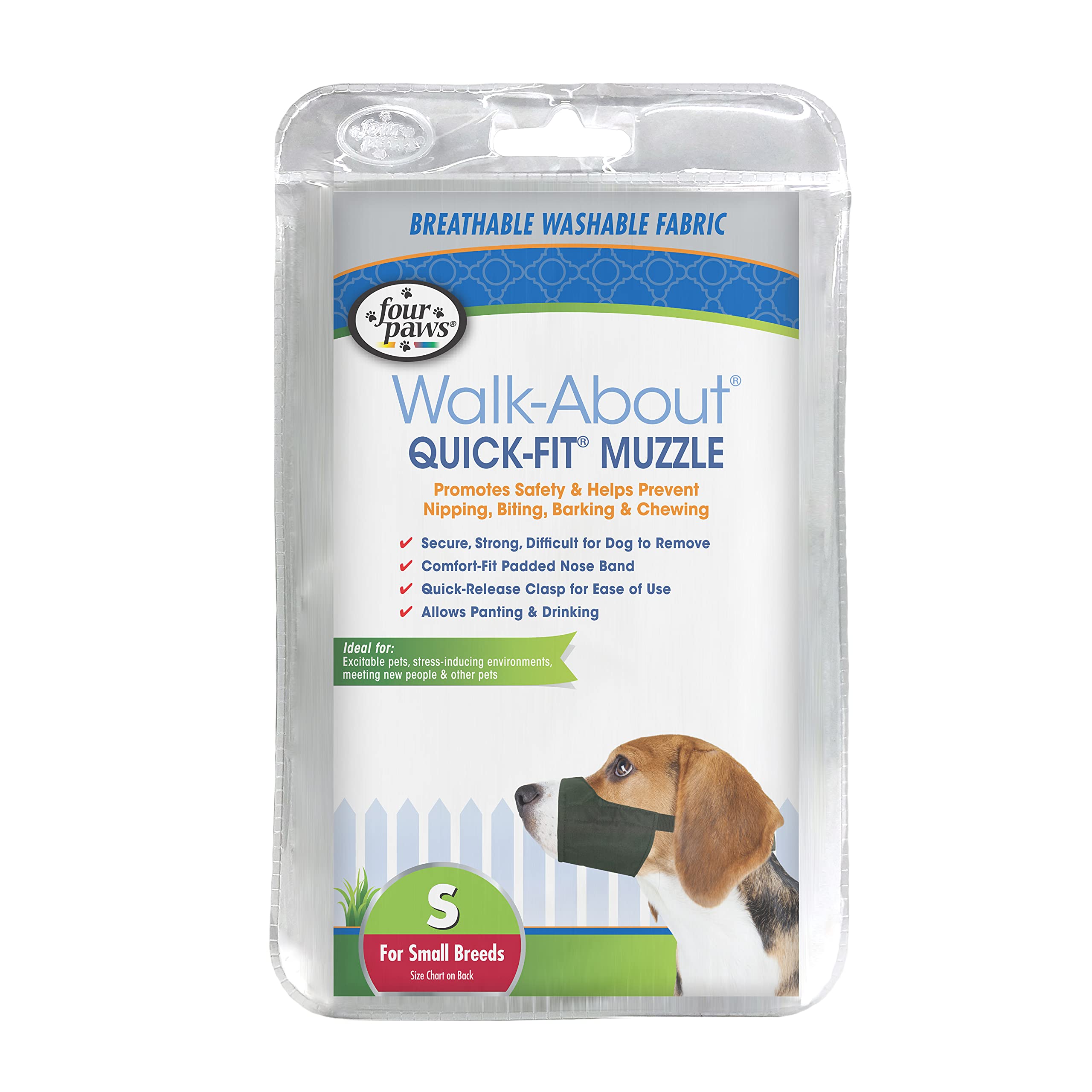 Four Paws Walk-About Quick-Fit Adjustable Dog Muzzle for Small Dogs, Washable & Breathable, Black, 1 Count