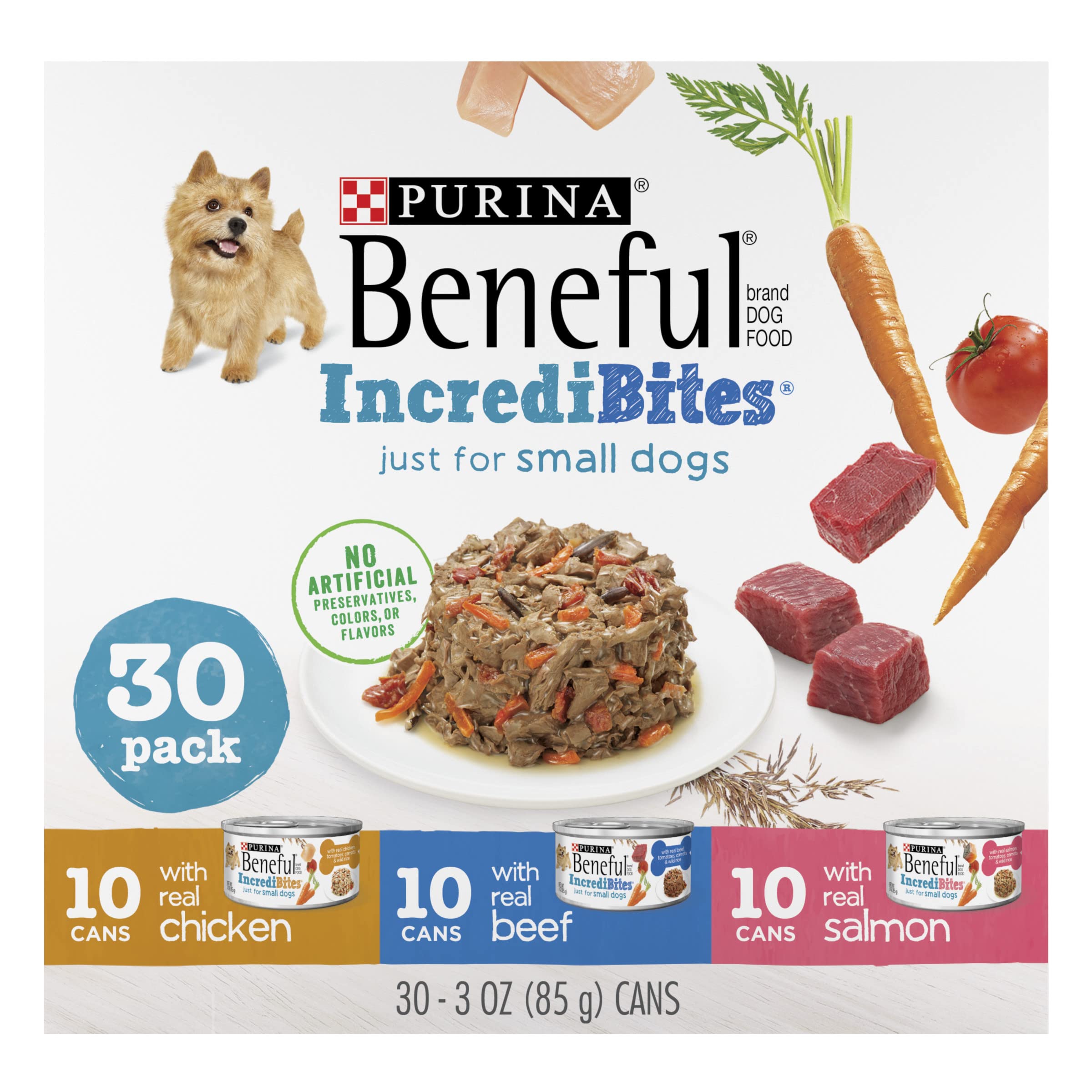 Purina Beneful Small Breed Wet Dog Food Variety Pack, IncrediBites With Real Beef, Chicken and Salmon - (Pack of 30) 3 Oz. Cans