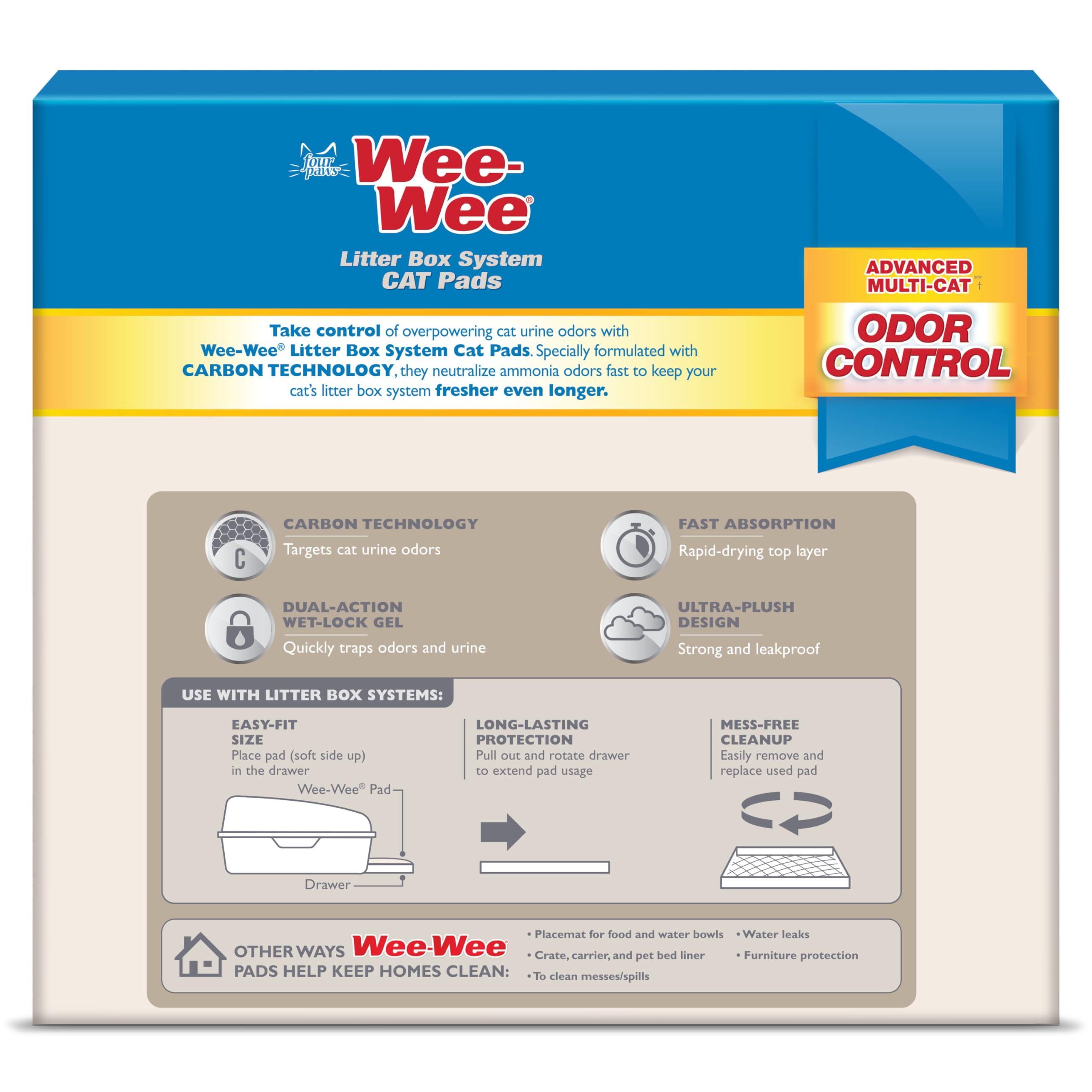 Four Paws Wee-Wee Litter Box System Cat Pads Refills, Advanced Multi-Cat Odor Control with Carbon Charcoal Technology, Litter Bo
