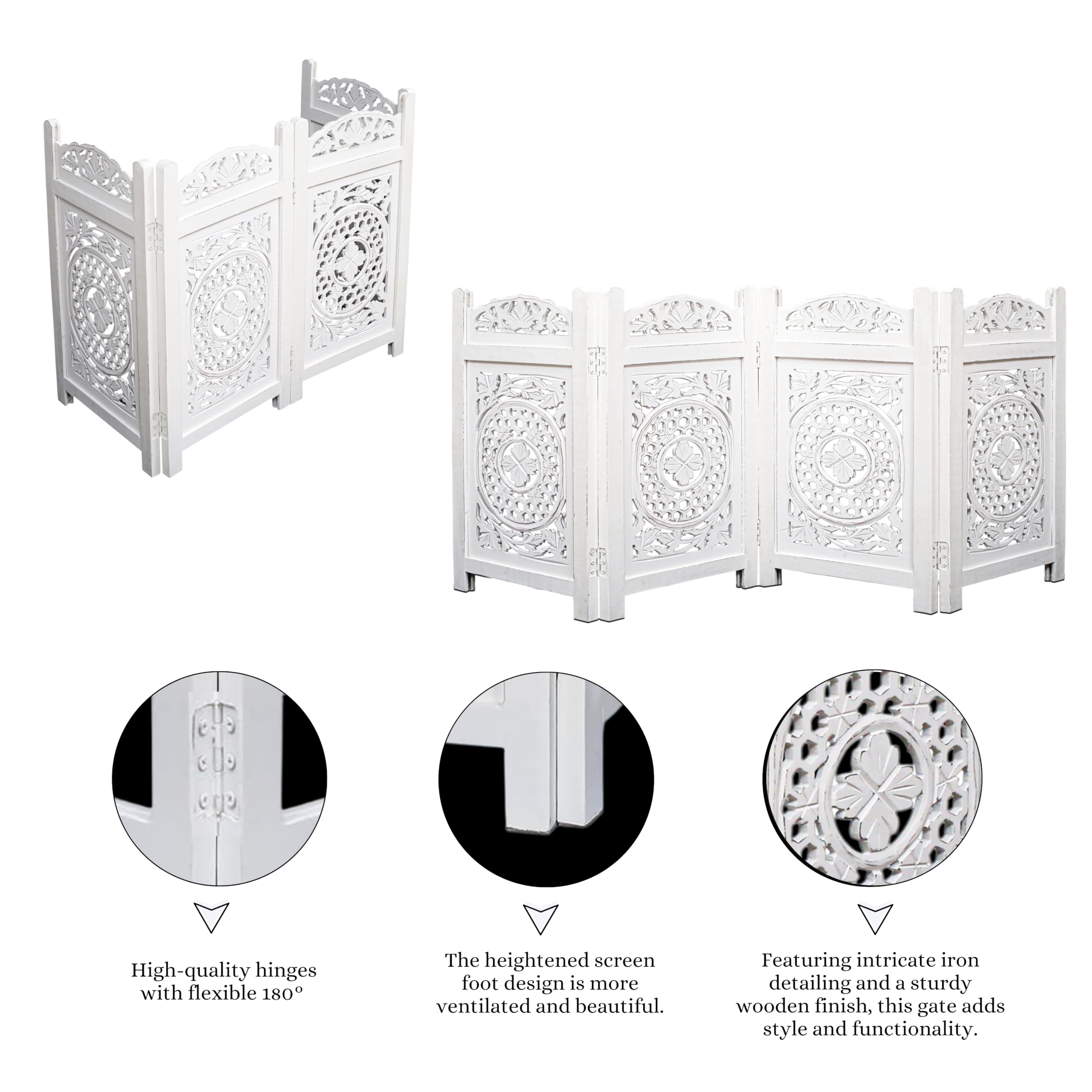 Dog Safety Gate - 4 Panels 56' Wx28 H- Hand Carved Solid Wood And Mdf Head Oval Mulsory Wooden Foldable - Free Standing Portabl