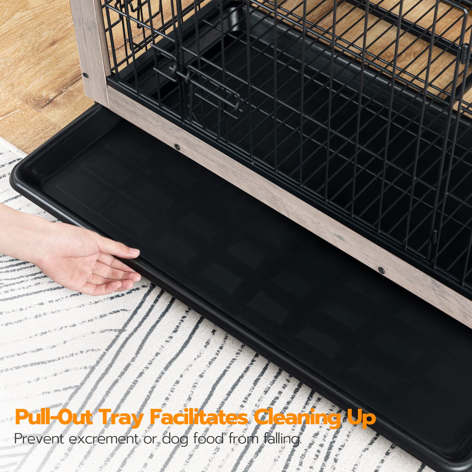 HOOBRO Dog Crate Furniture, Large Wooden Kennel 38.6”L, Greige, with Pull-Out Tray and Double Doors for Dogs, Model BG982GW03