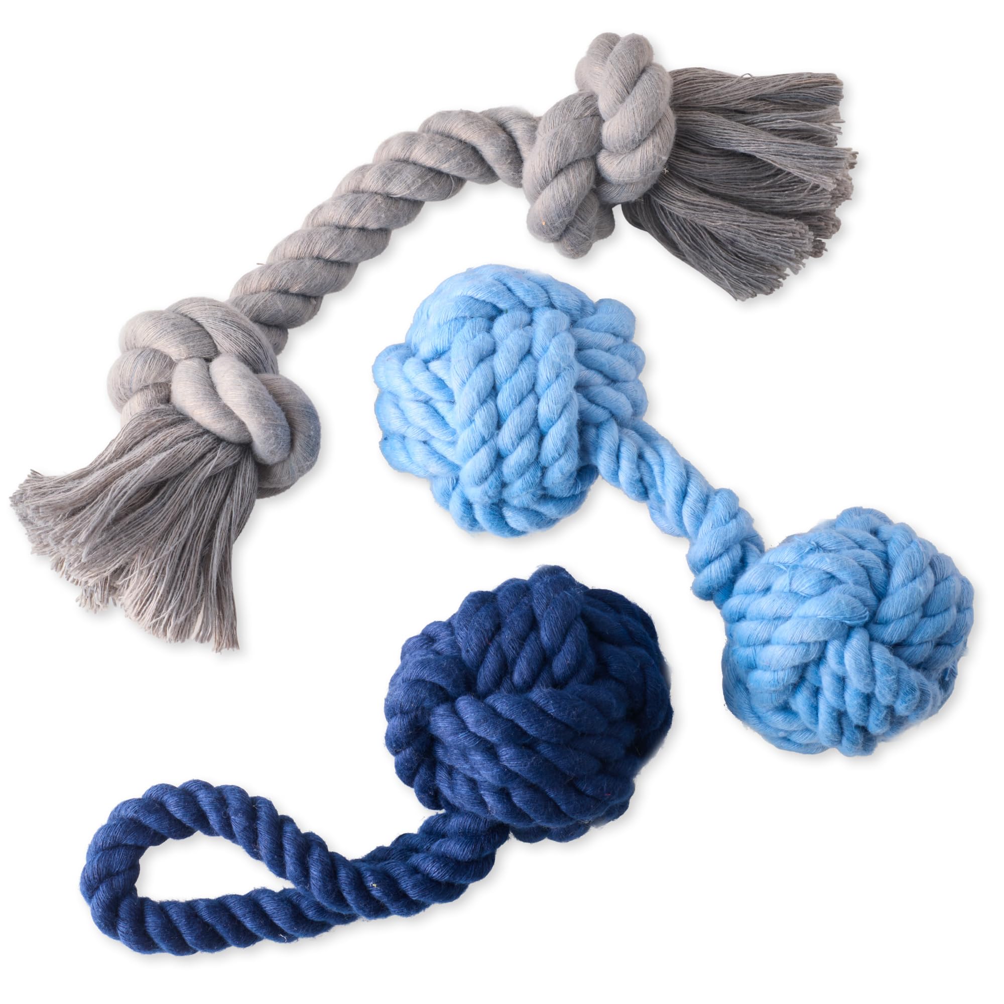 Pet Passion Brady The Rope Tug Toy 3-Pack Organic Cotton Dog Rope Pull Toys for All Pet Breeds, Blue Ombre, One Size