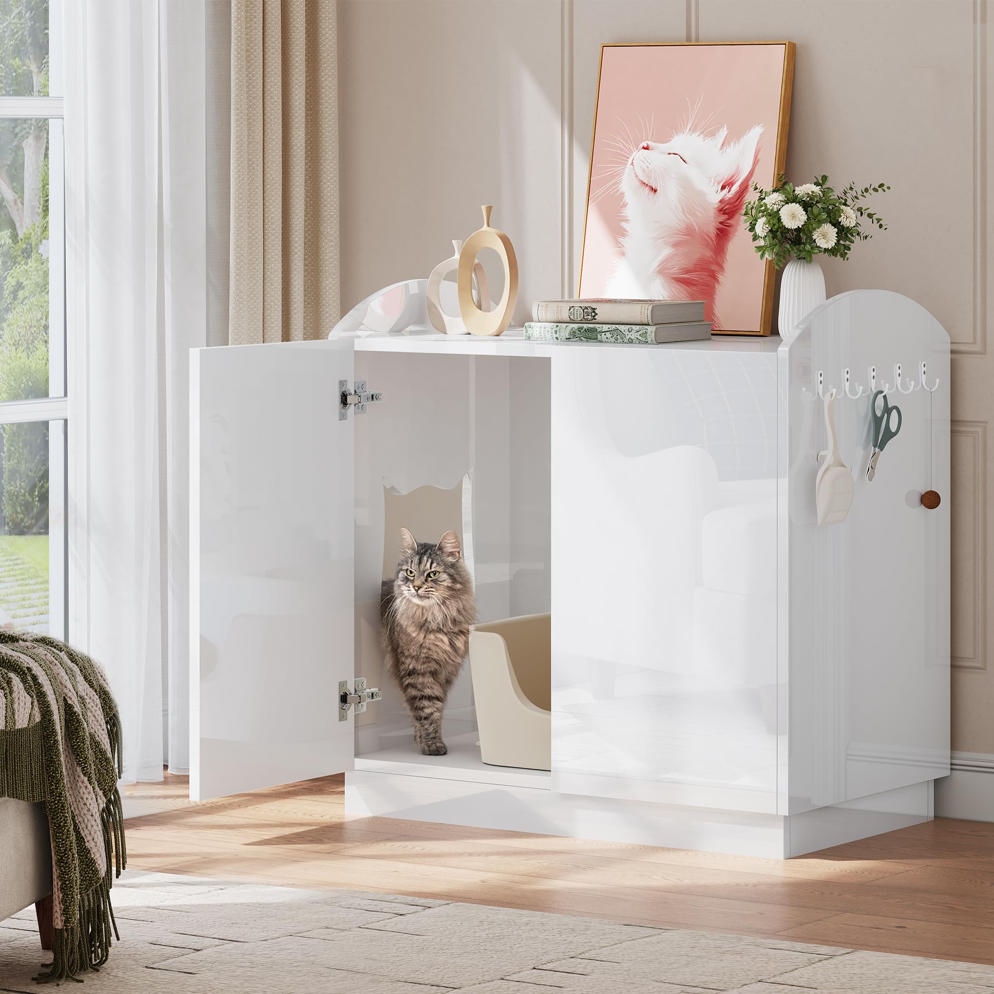DWVO Large Hidden Litter Box Furniture with Hooks, Modern Cat Litters Box Enclosure for M/L/XL Litter Boxes, Wooden Secret Cat C