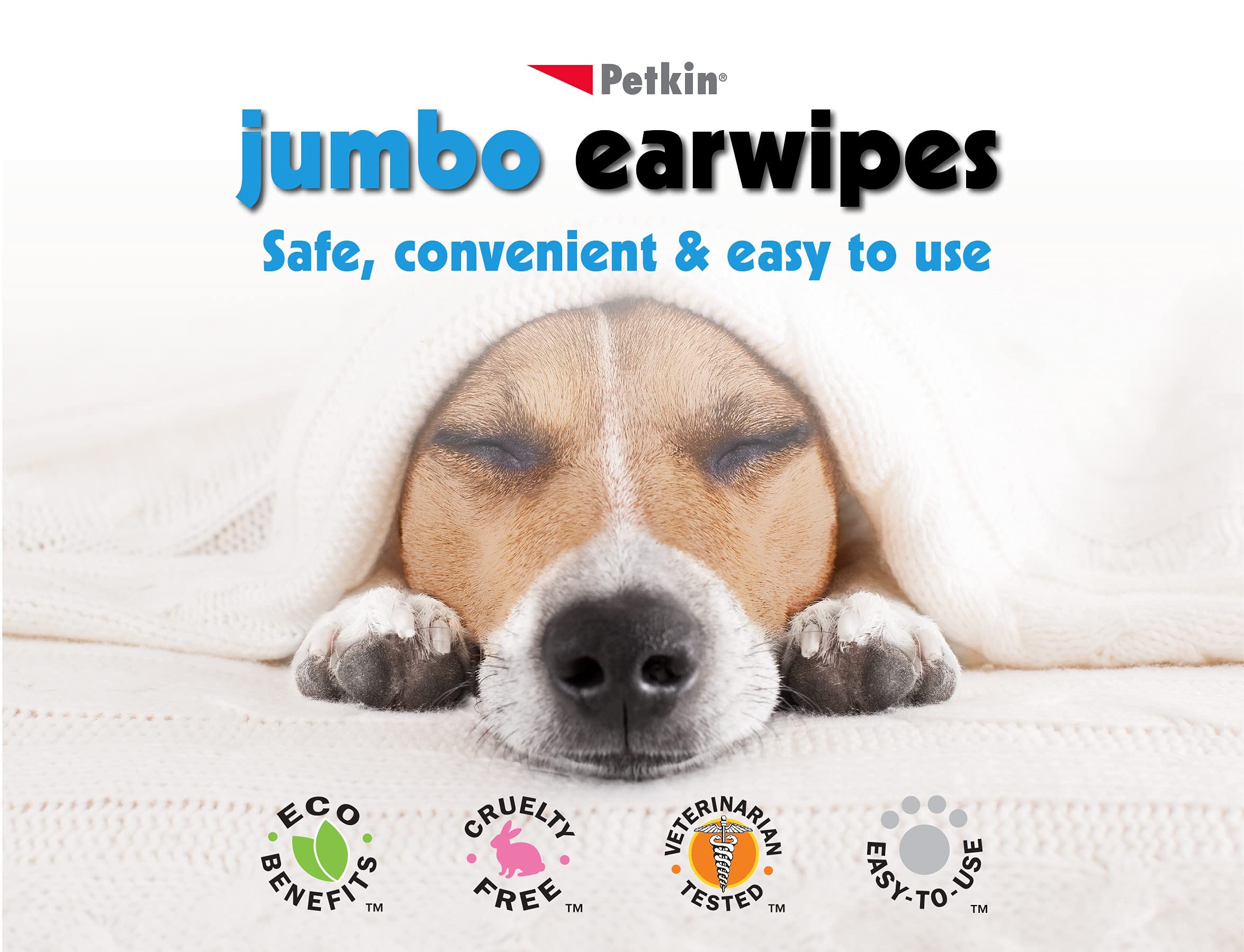 Petkin Jumbo Pet Ear Wipes - 80 Extra Moist Cleaning Wipes for Dogs & Cats - Soothing, Deodorizing, Easy to Use