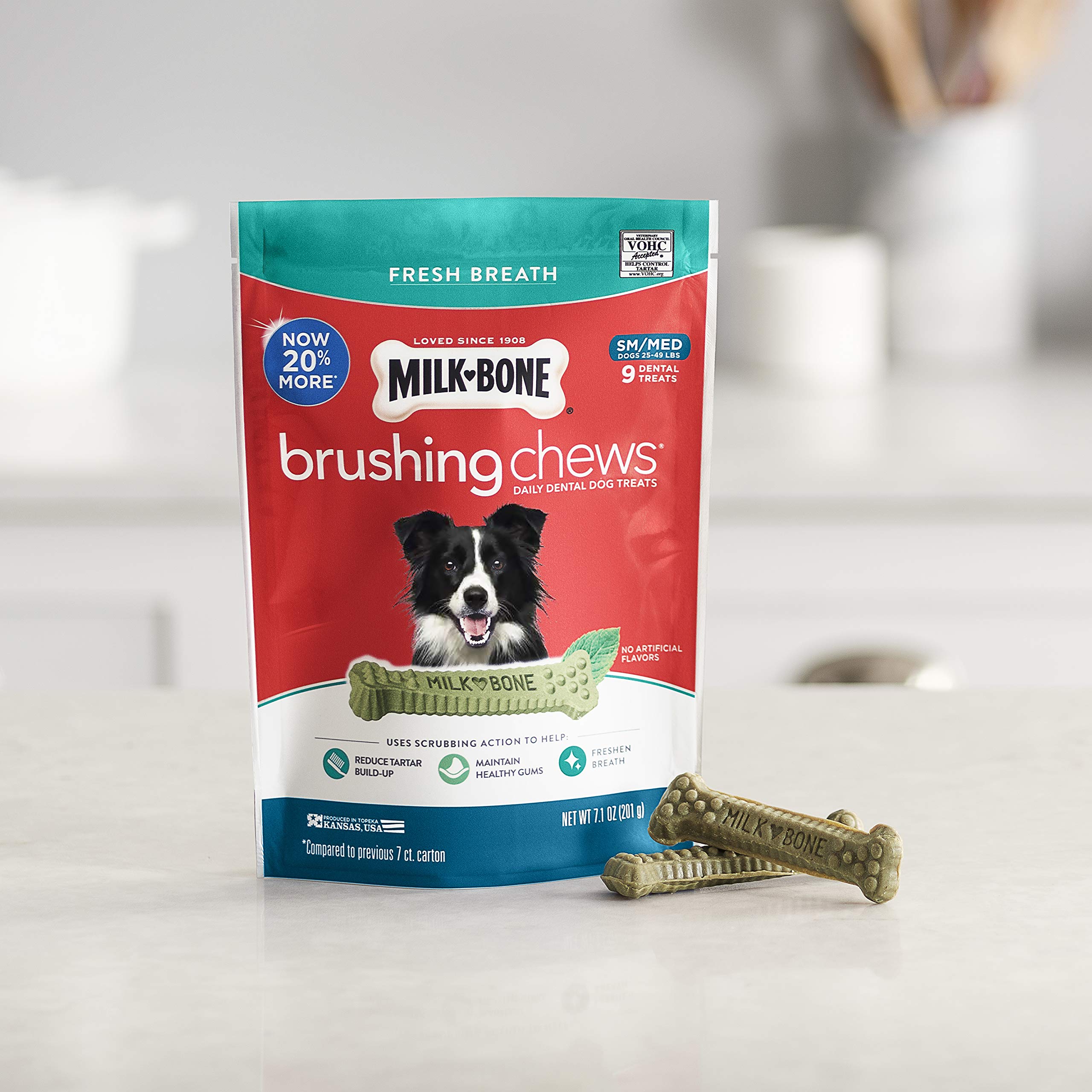 Milk-Bone Fresh Breath Brushing Chews, 9 Small/ Medium Daily Dental Dog Treats (Pack of 5) Scrubbing Action Helps Clean Teeth