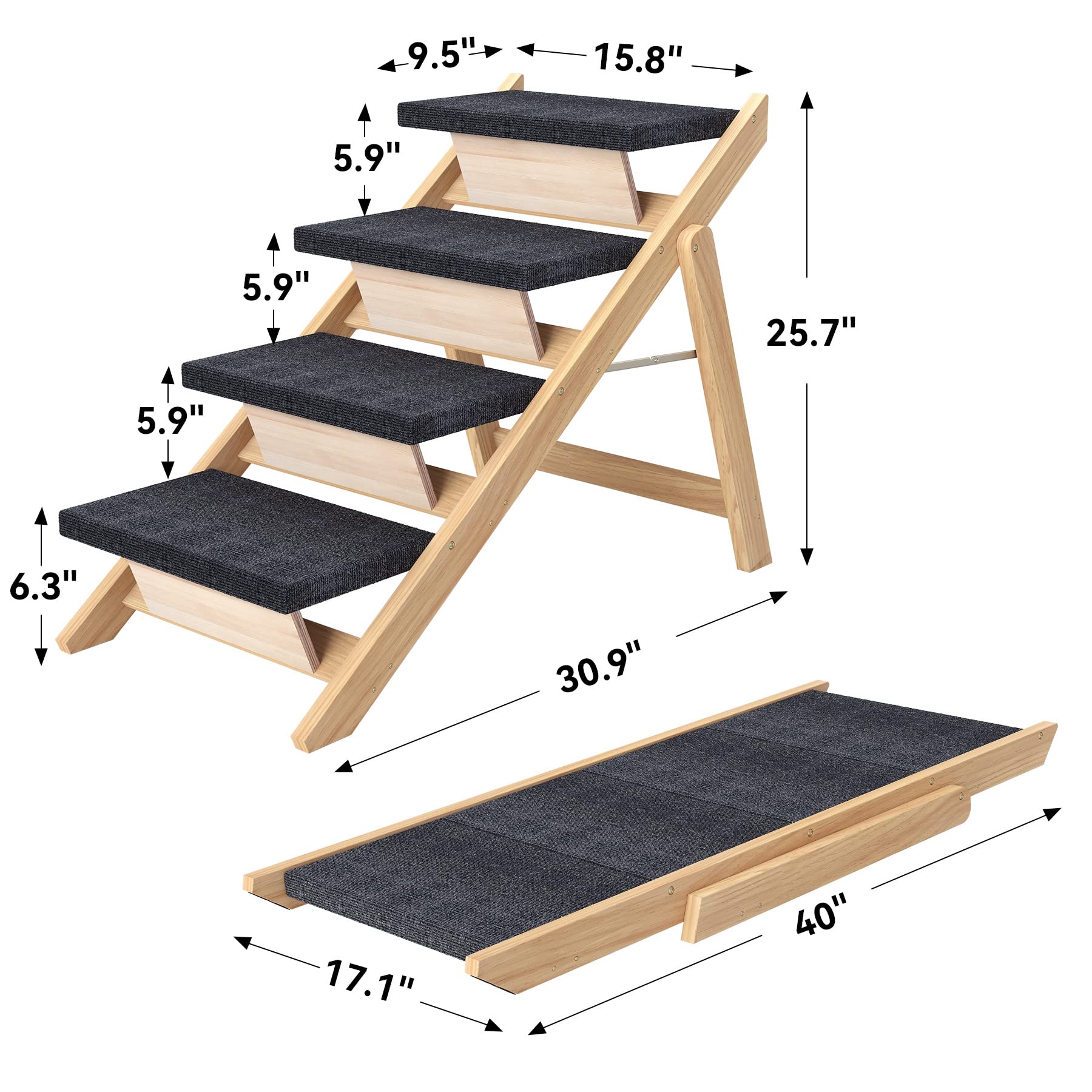 RunLexi Pet Stairs - 4-Steps Wood Ramp for Large Dogs, Up to 110 lbs, Natural Finish, Model RL15019, Foldable with Non-Slip Pads