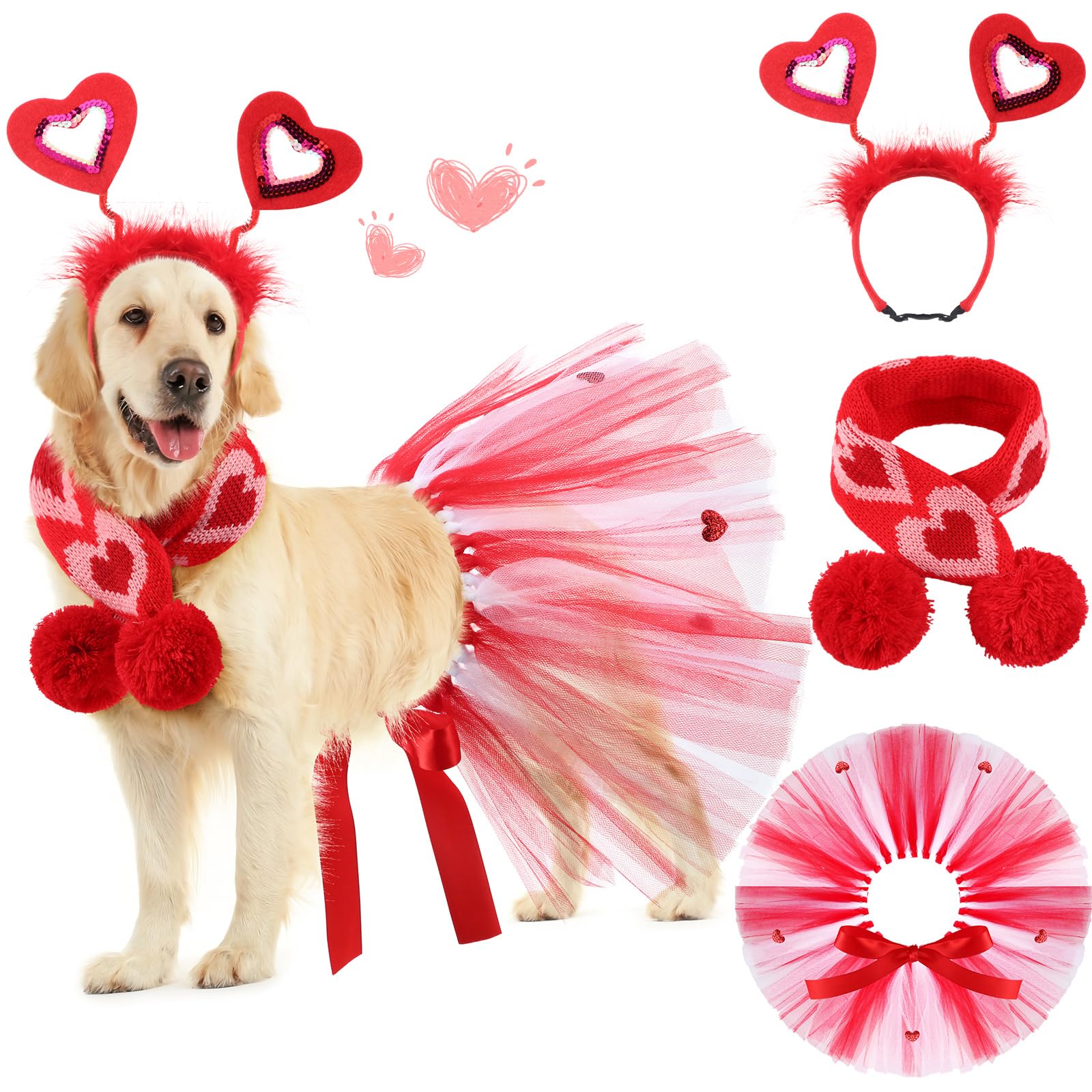 Siltriangle 3 Pieces Valentines Day Dog Costume Set Including Red Love Headband Valentines Dog Tutu Dress Cute Pet Tutu Red Pet 