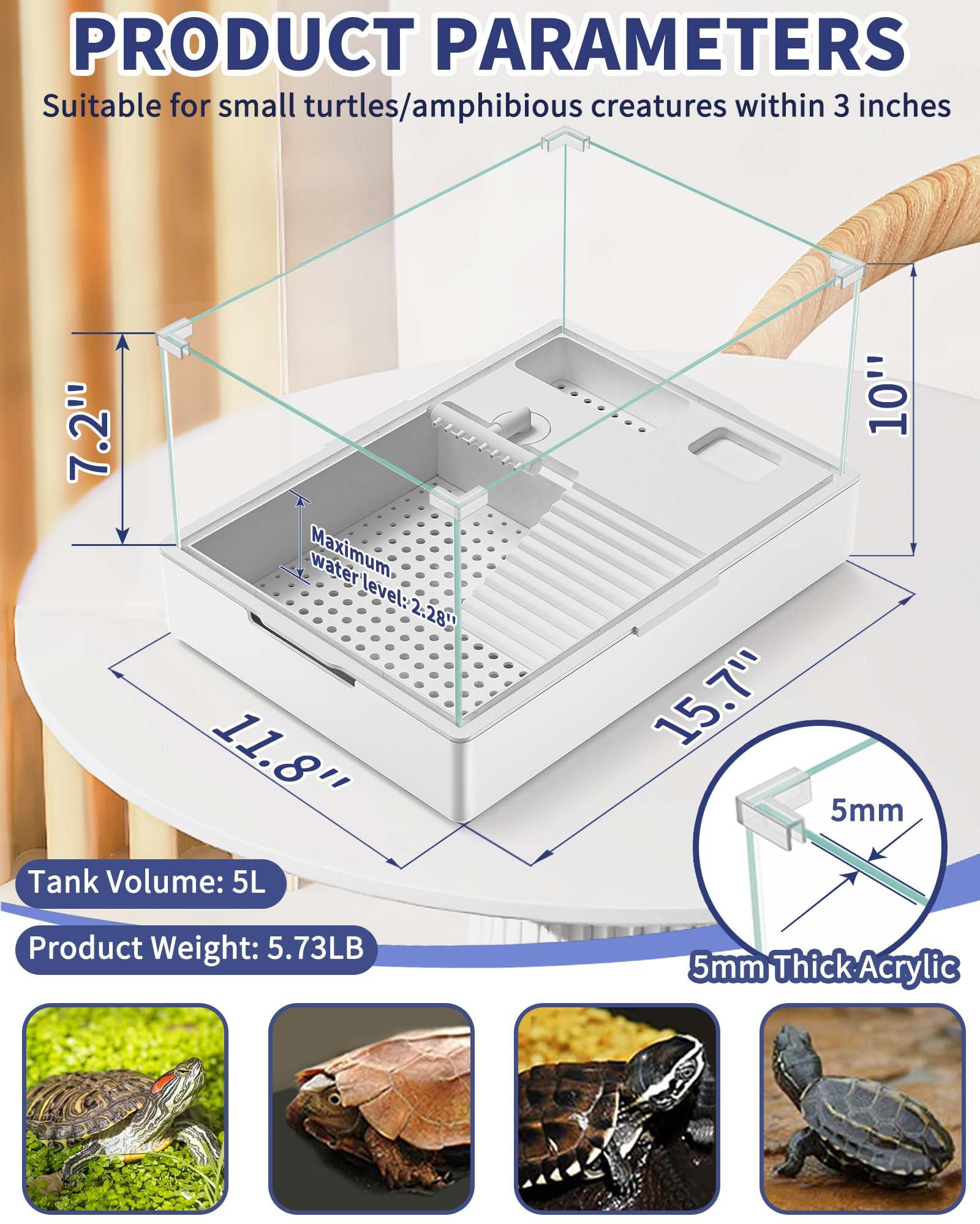 Moonorange Small Turtle Tank (Tank + Water Pump), Acrylic Turtle Tank Starter Kit With Upgrade Rain Shower Head, Adjustable 5W W