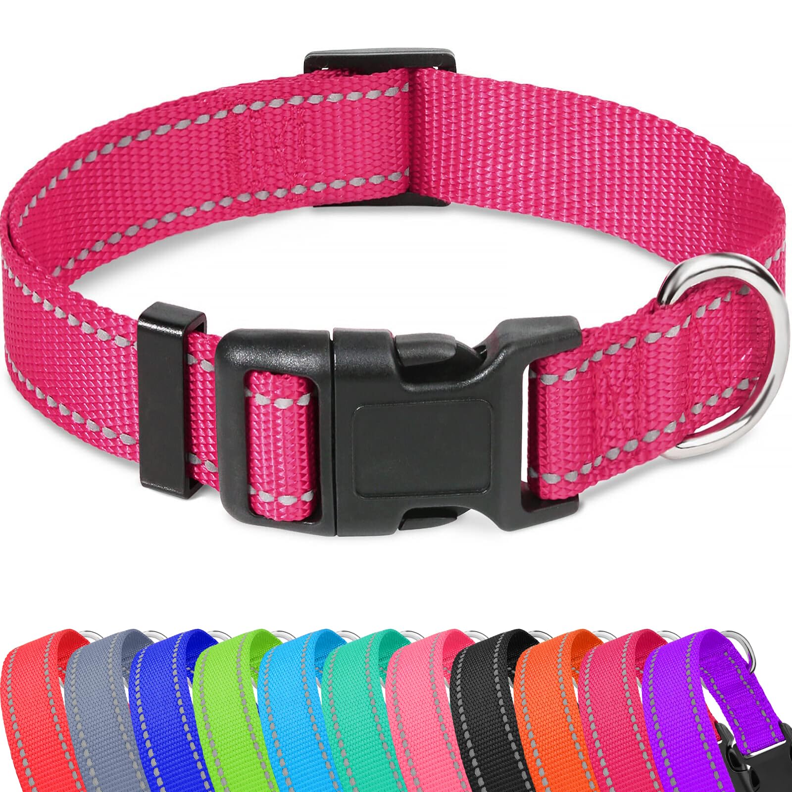Taglory Reflective Adjustable Dog Collars For Puppy Small Medium Large Dogs, Thin Nylon Webbing And Quick Release Plastic Buckle(Hot Pink,Large)