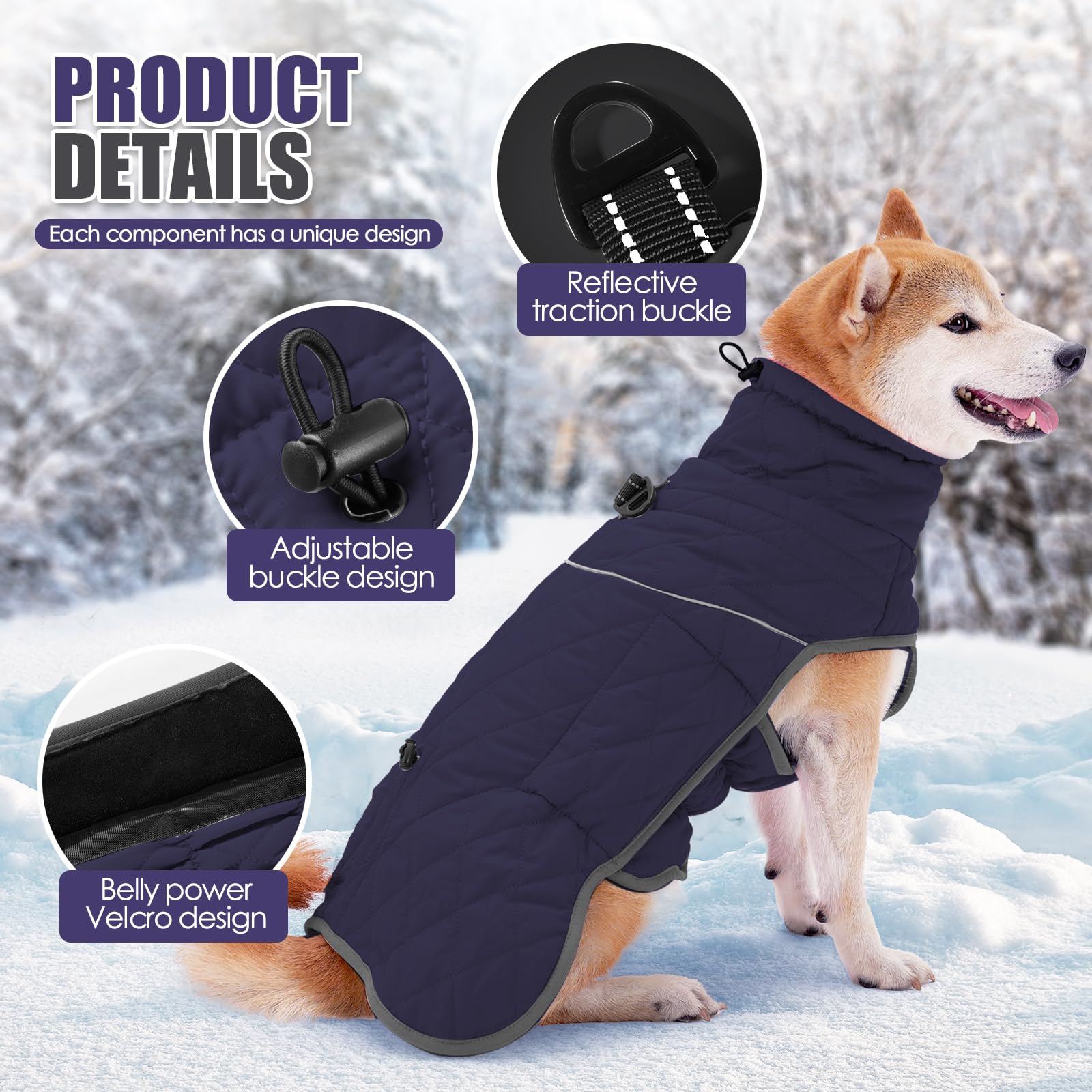 Pinellia Dog Winter Coat, Waterproof & Windproof, Reflective, Blue, S, M, L