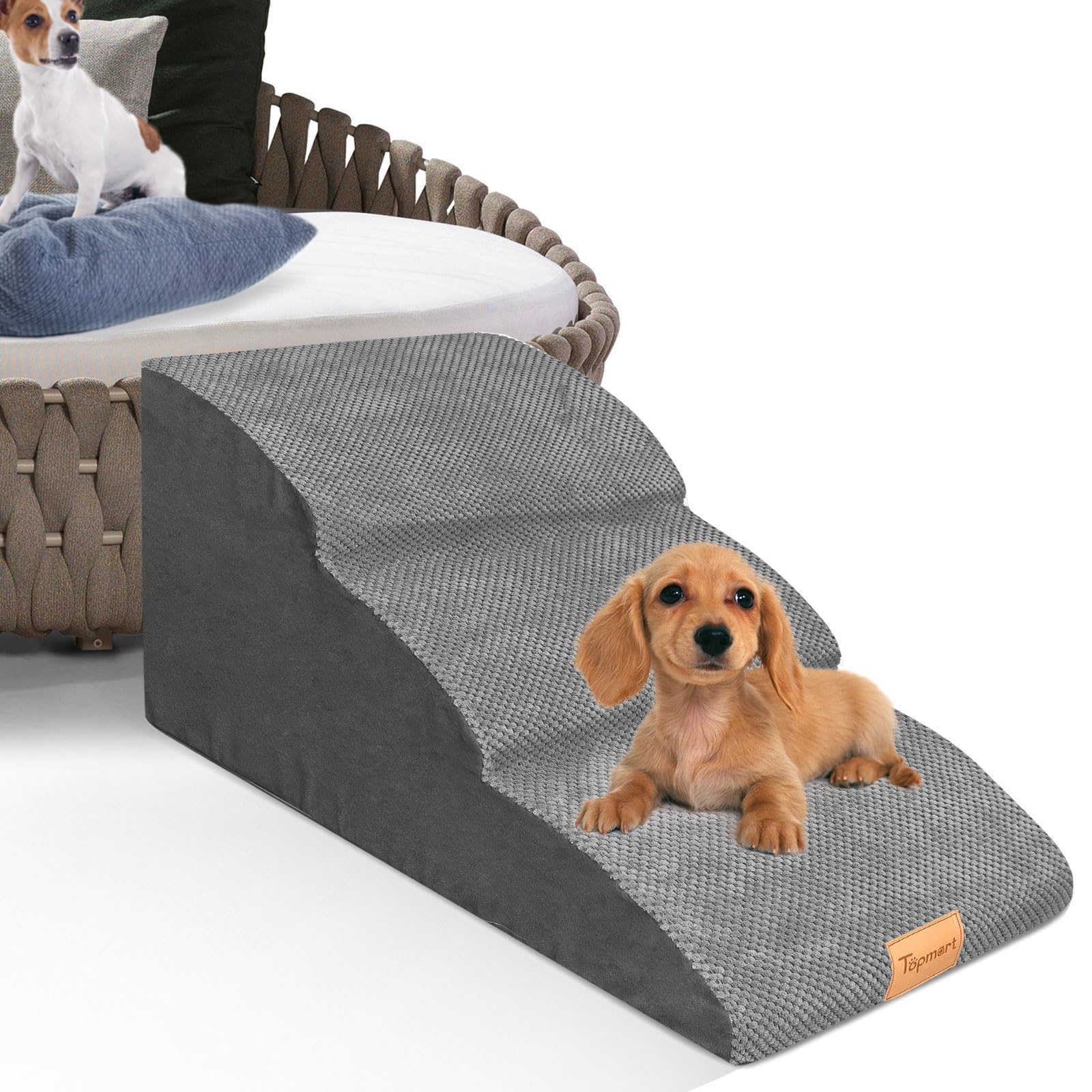 Topmart High Density Extended Foam Dog Ramp&Steps 2 Tiers,11.8inch High,NonSlip Dog Stairs,Soft Foam Pet Ladder with Waterproof Co