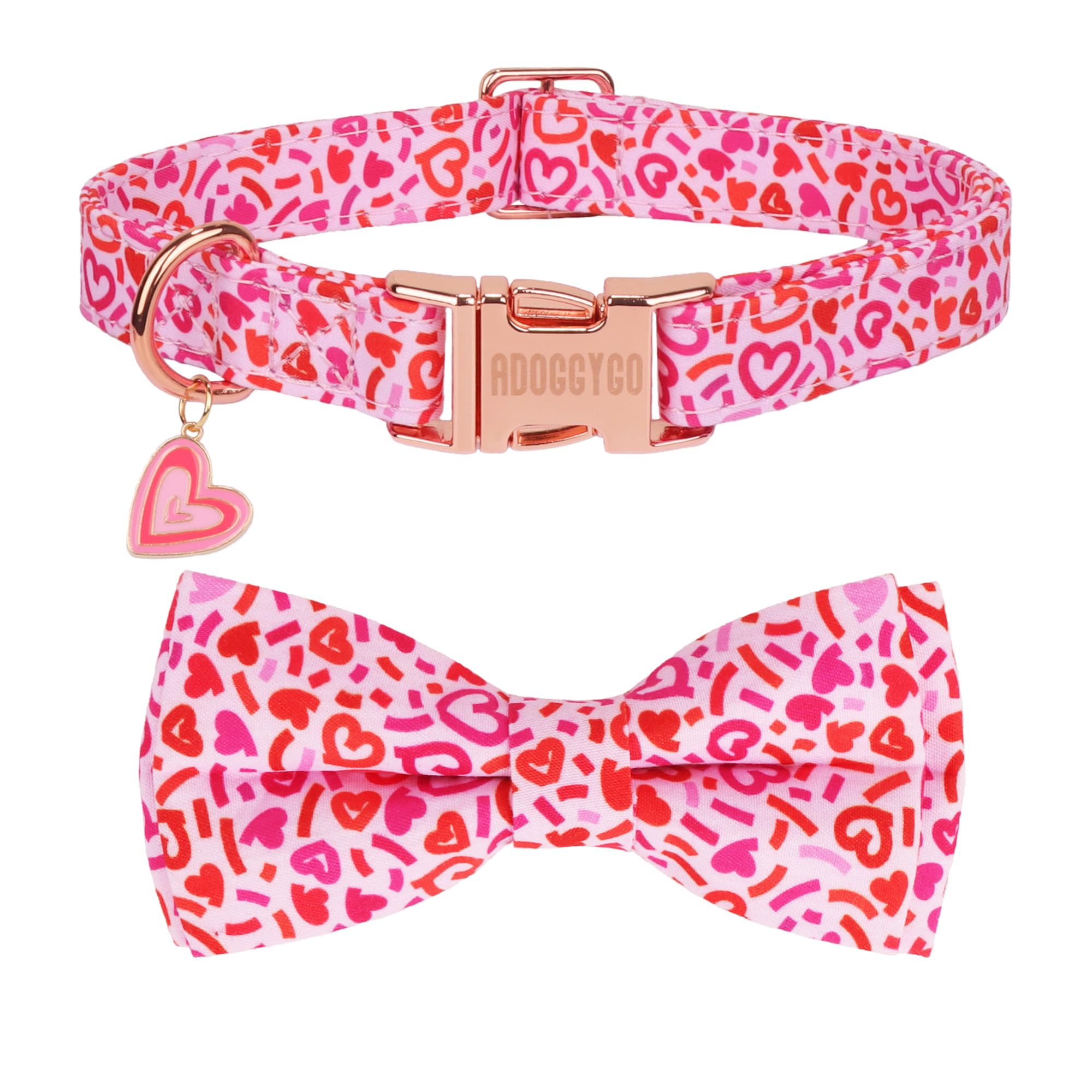 Adoggygo Valentine Dog Collar With Bow, Metal Buckle, Adjustable Pink Heart Bowtie Pet Valentine Collars For Medium Large Dogs (