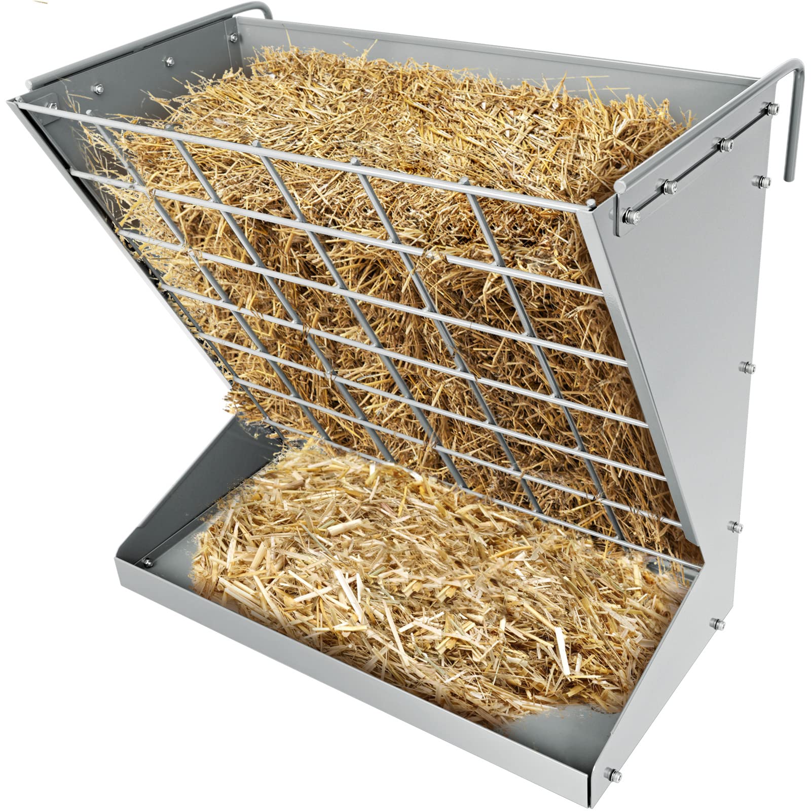 YXJSTO Wall Mount Hay Rack, Heavy-Duty Galvanized Metal 2 in 1 Hay and Grain Feeder, Livestock Feeder with Adjustable Distance, 